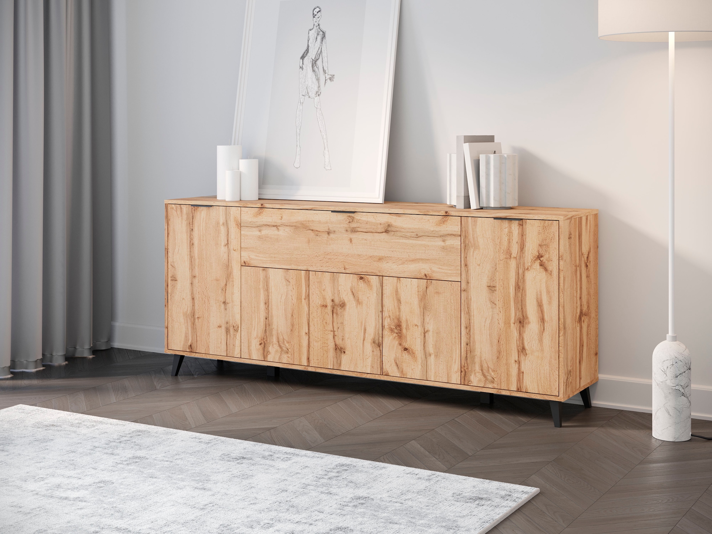 OTTO home Sideboard »OSLO – Modernes Stauraummöbel mit unterschiedlichen Öffnungssystemen« Verstellbare Böden und hohe Füße für mehr Komfort im Alltag