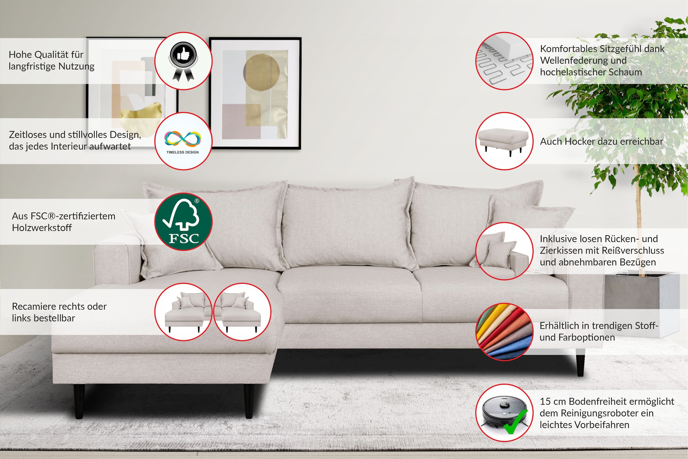 Home affaire Ecksofa »VEYRAS L-Form, hoher Sitzkomfort, Maße B/T/H: 230/150/76 cm« mit Wellenunterfederung, incl. Rückenkissen und Zierkissen