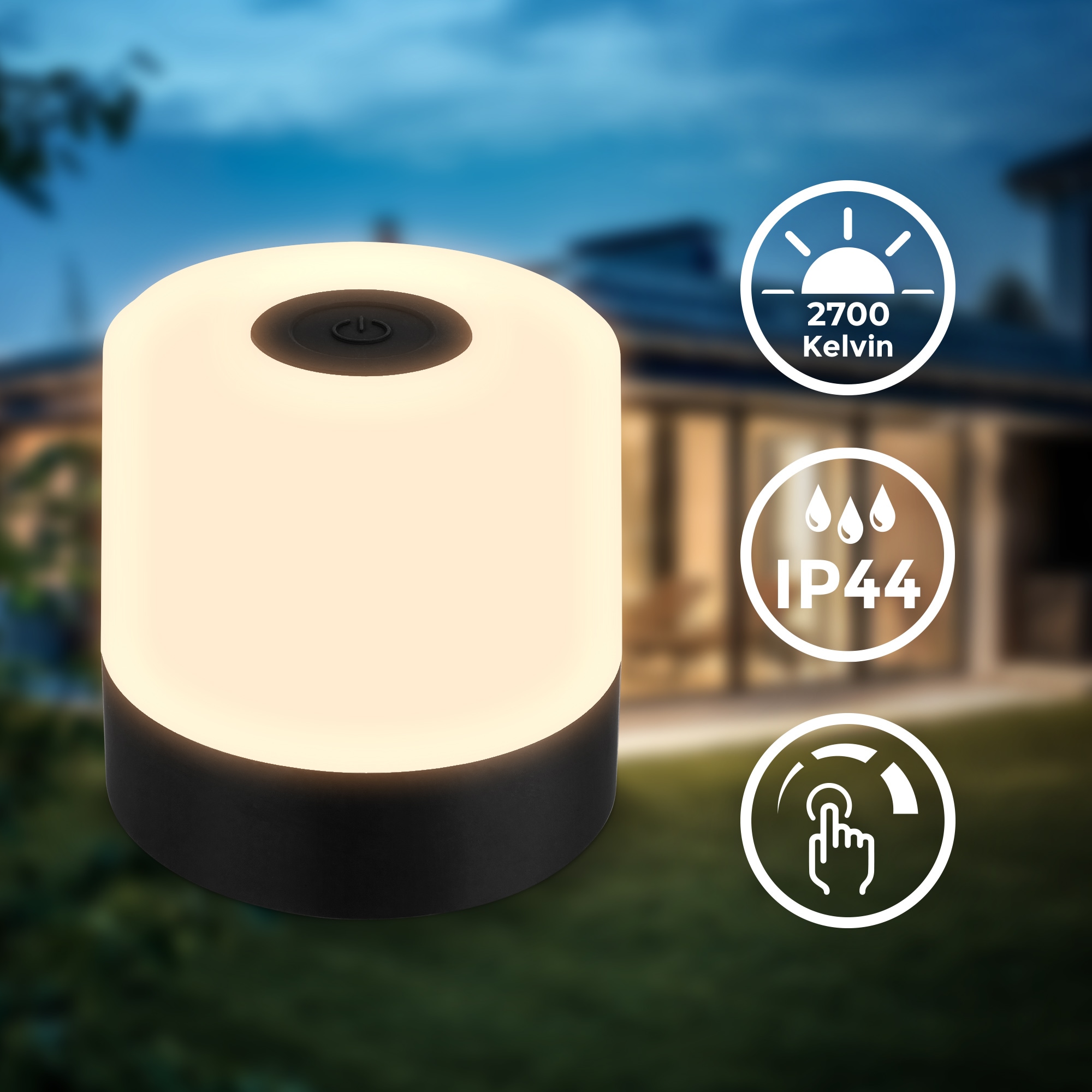 B.K.Licht Außen-Tischleuchte »BK_TL1588 Akku LED Tischlampe, 3-Stufen Touchdimmer, mit USB«, 1 flammig, Leuchtmittel LED-Modul | LED fest integriert, 2.700 K, 150 Lm, 2W, integrierte Batterie, IP44, 7xx7 cm, Schwarz