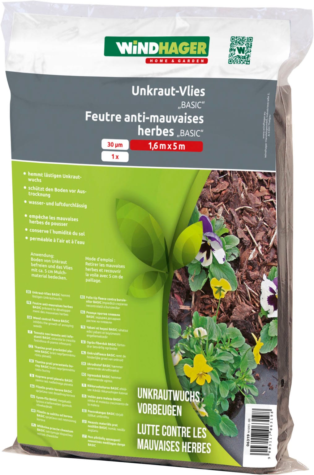 Windhager Unkrautvlies "Basic, atmungsaktiver und wasserdurchlässiger Abdeckvlies" 1 Stk. tlg. Gartenfolie Wurzelsperre 5 x 1,6 m 30 g/m², schwarz