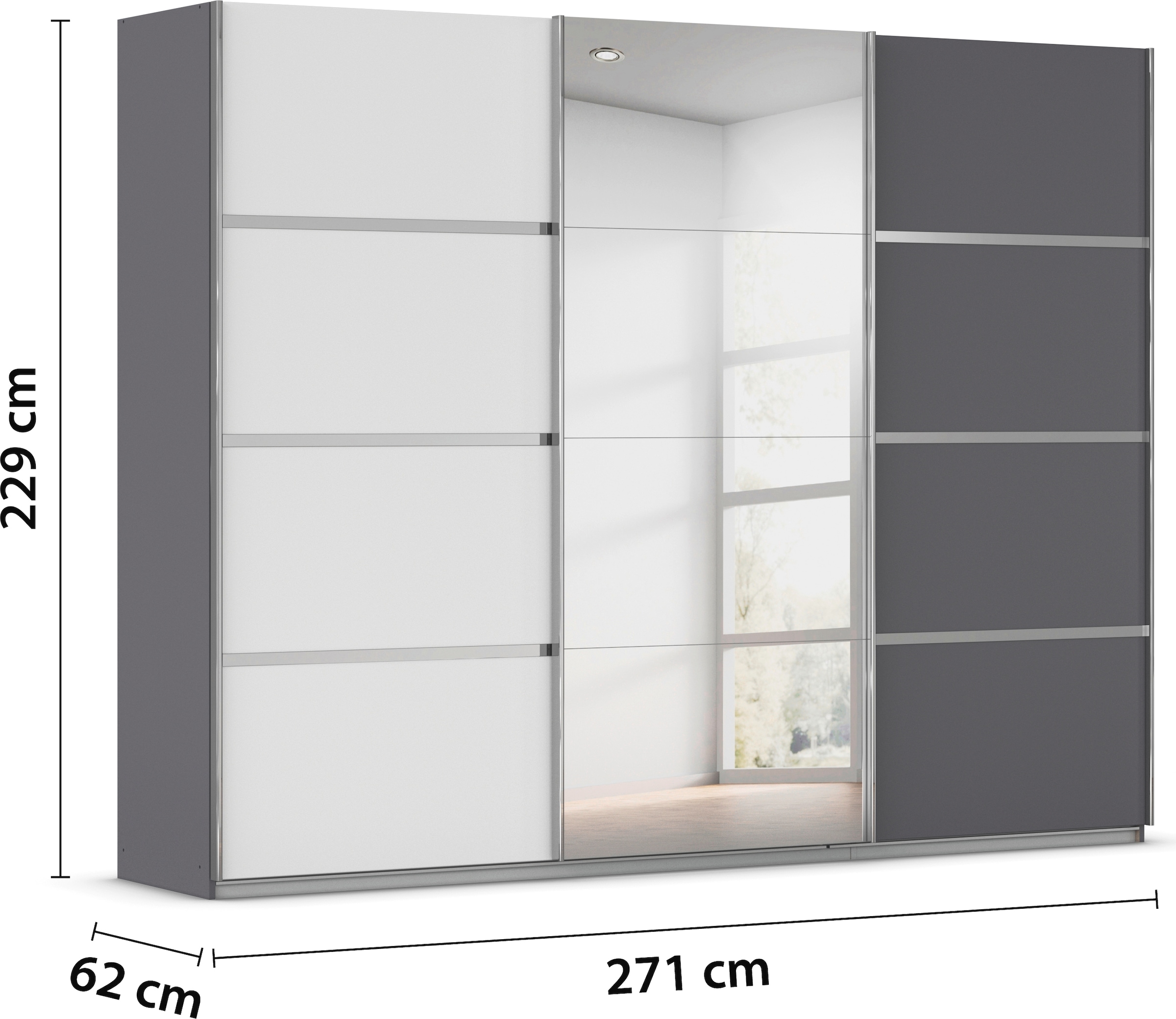 rauch Kleiderschrank »Schwebetürenschrank Garderobe Schrank TOP ANGEBOT Avola«, (in 3 verschiedenen Ausstattungen BASIC/CLASSIC/PREMIUM inkl. Spiegel), mit eleganten Zierleisten in Chrom, Schwarz oder Weiß MADE IN GERMANY