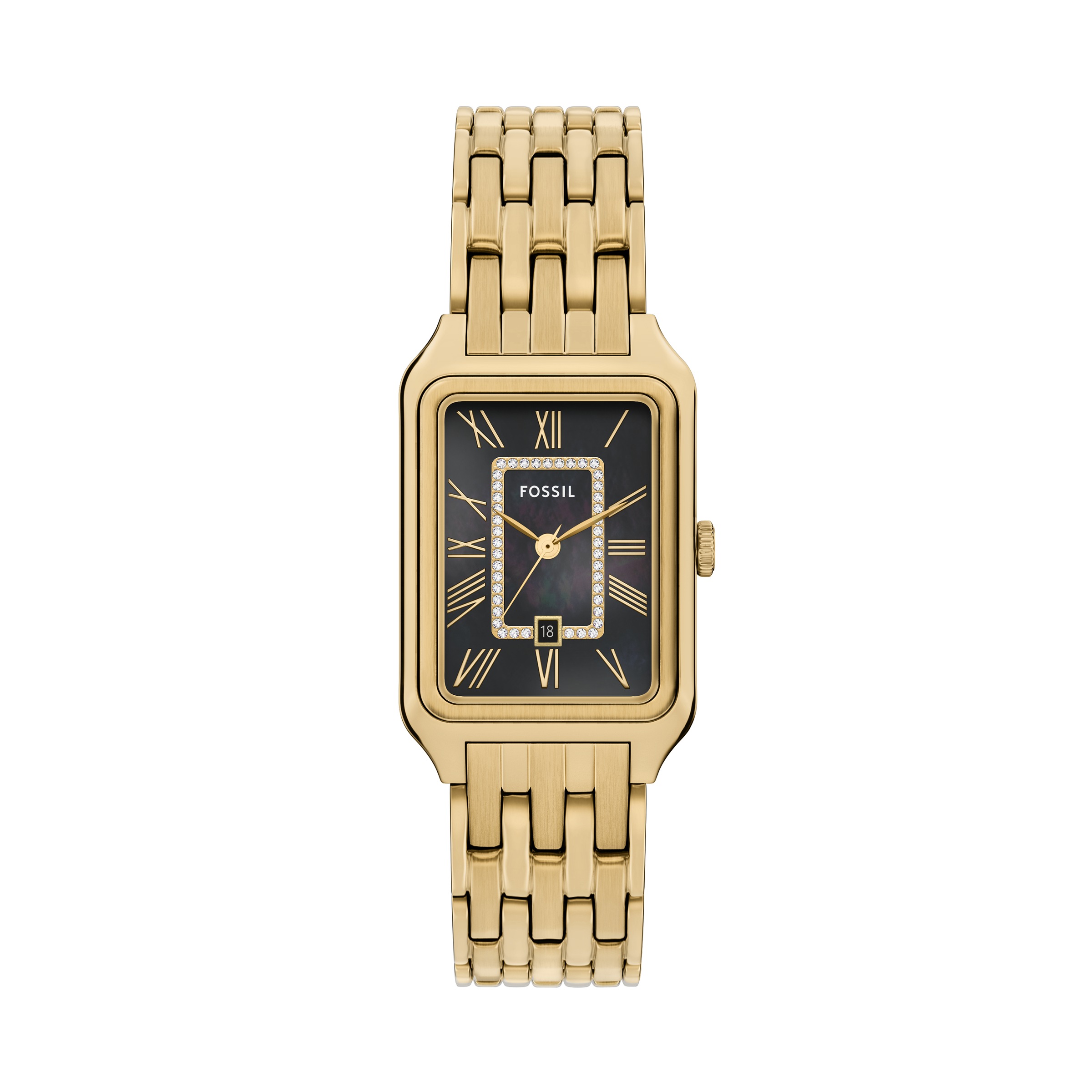 Quarzuhr FOSSIL "RAQUEL", gold (gelbgoldfarben, goldfarben), Armbanduhren, Damen, Quarzuhr, Armbanduhr, Damenuhr, Edelstahlarmband, analog, Tag, Glassteine