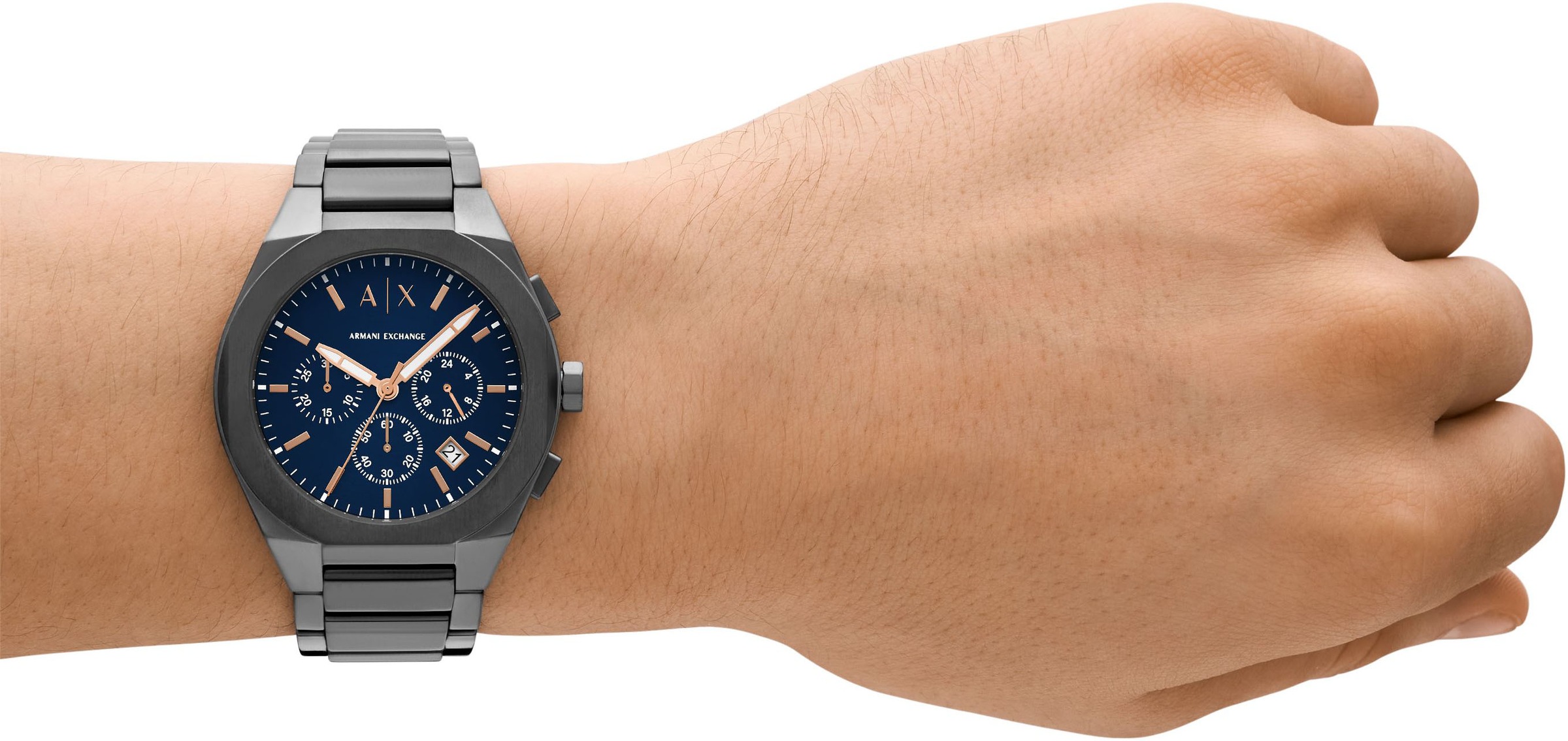 ARMANI EXCHANGE Chronograph »SYNC«, Armbanduhr, Herrenuhr, Edelstahlarmband, analog, Tag, Stoppfunktion