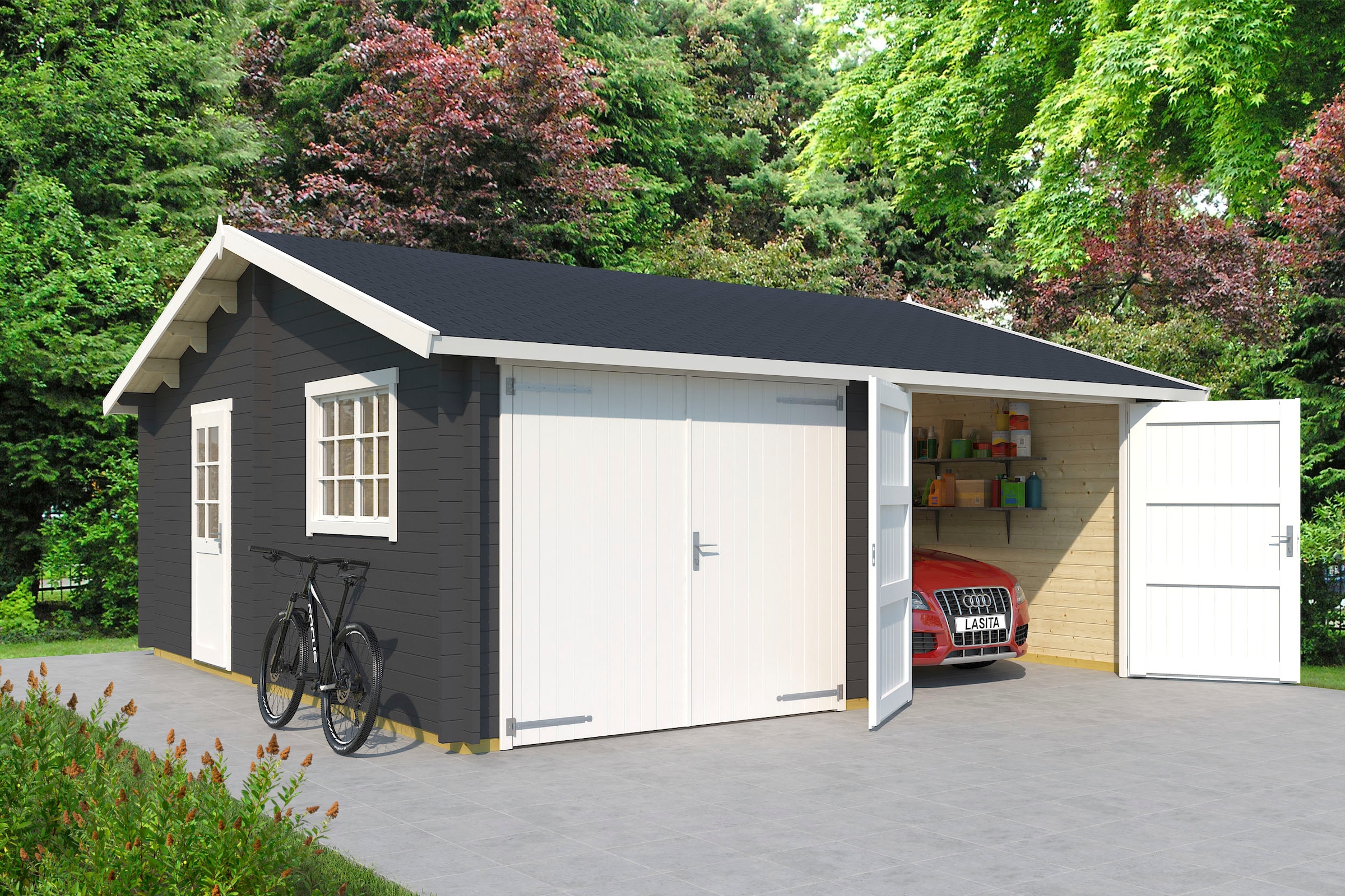 LASITA MAJA Garage »Falkland«, (Set, Für 2 Fahrzeuge geeignet), Garage + 2 Holztoren