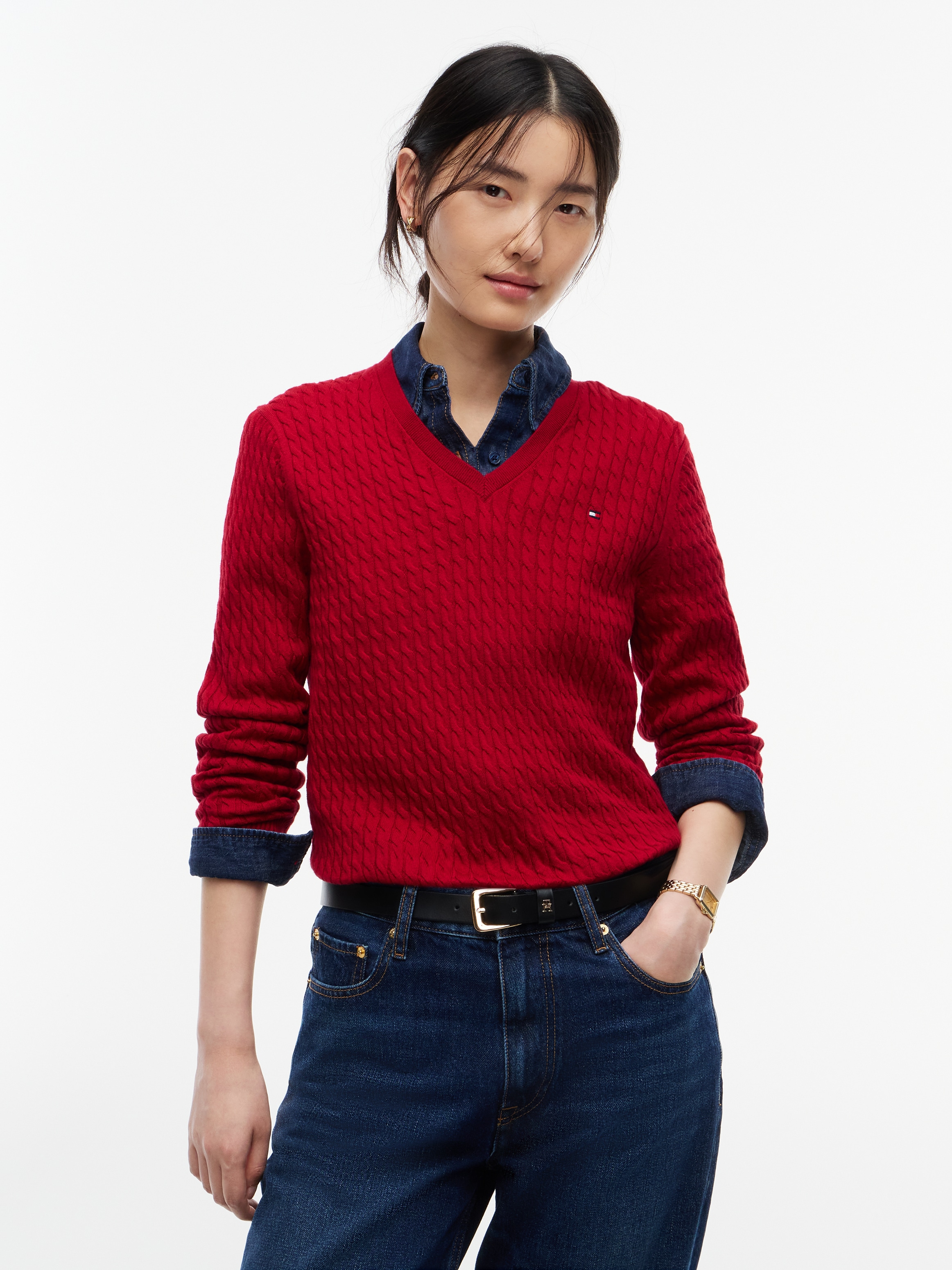 Tommy Hilfiger Strickpullover "CO CABLE FINE GG V-NK LS SWT" Baumwolle, mit Zopfmuster
