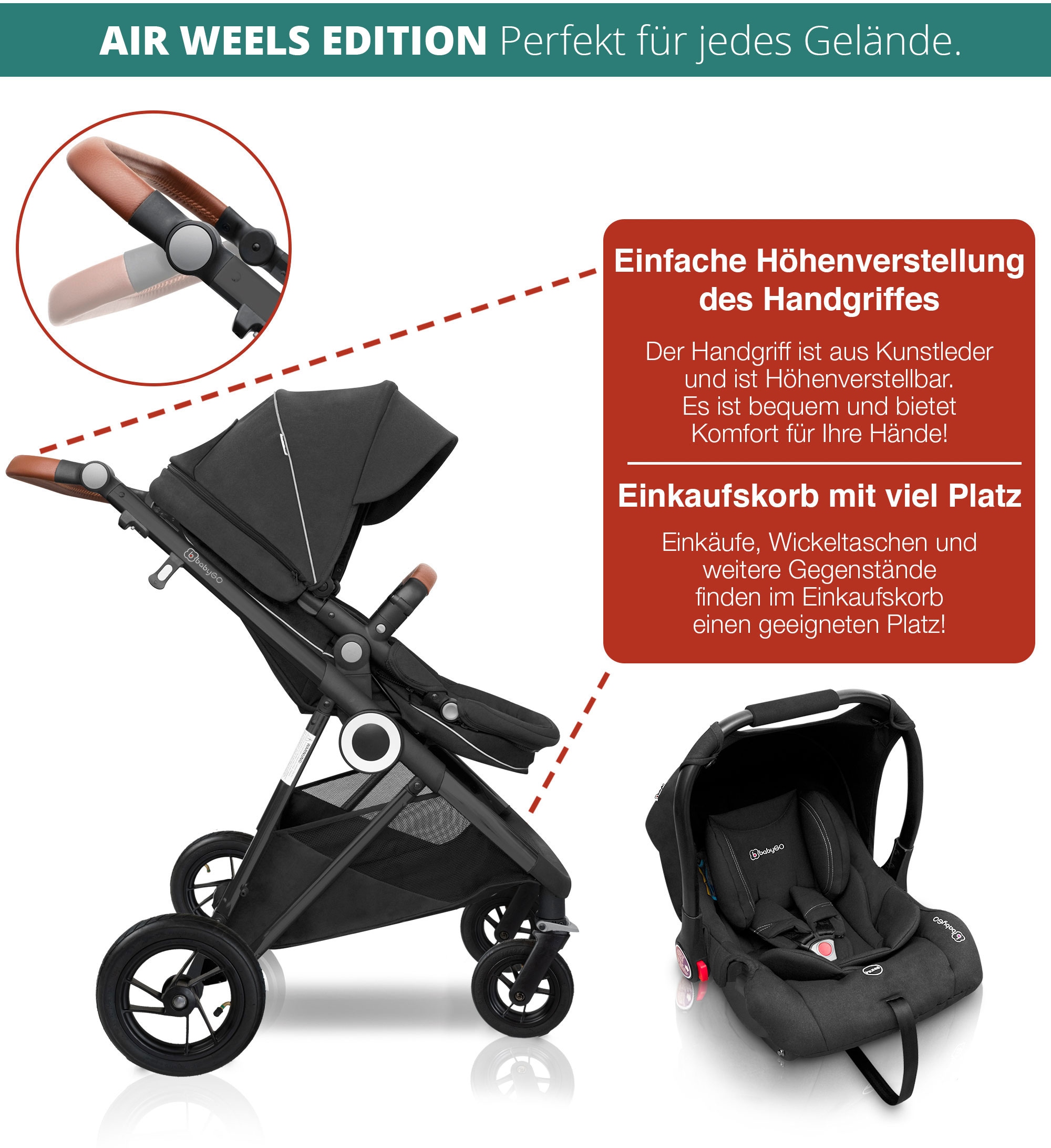 BabyGo Kombi-Kinderwagen »Halime AIR 3in1, Anthracite Black«, mit Luftreifen, inkl. Babywanne, Babyschale, Regenhaube & Wickeltasche