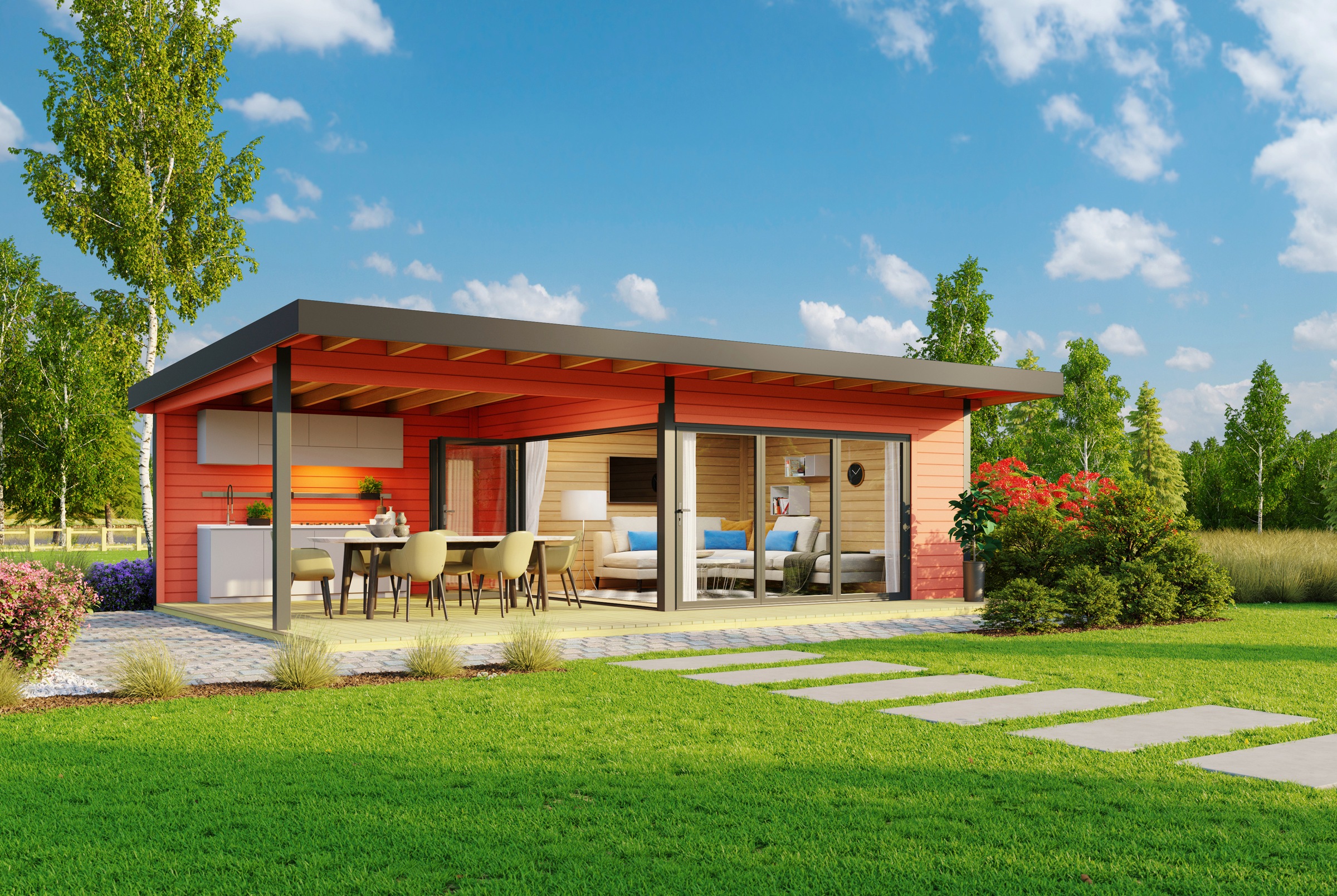 LASITA MAJA Gartenhaus »DOMEO 10 SCHWEDENROT/ANTHRAZIT«, (Set), mit Anbau, Fundamentmass 4000+4500 x 4500, Schwedenrot