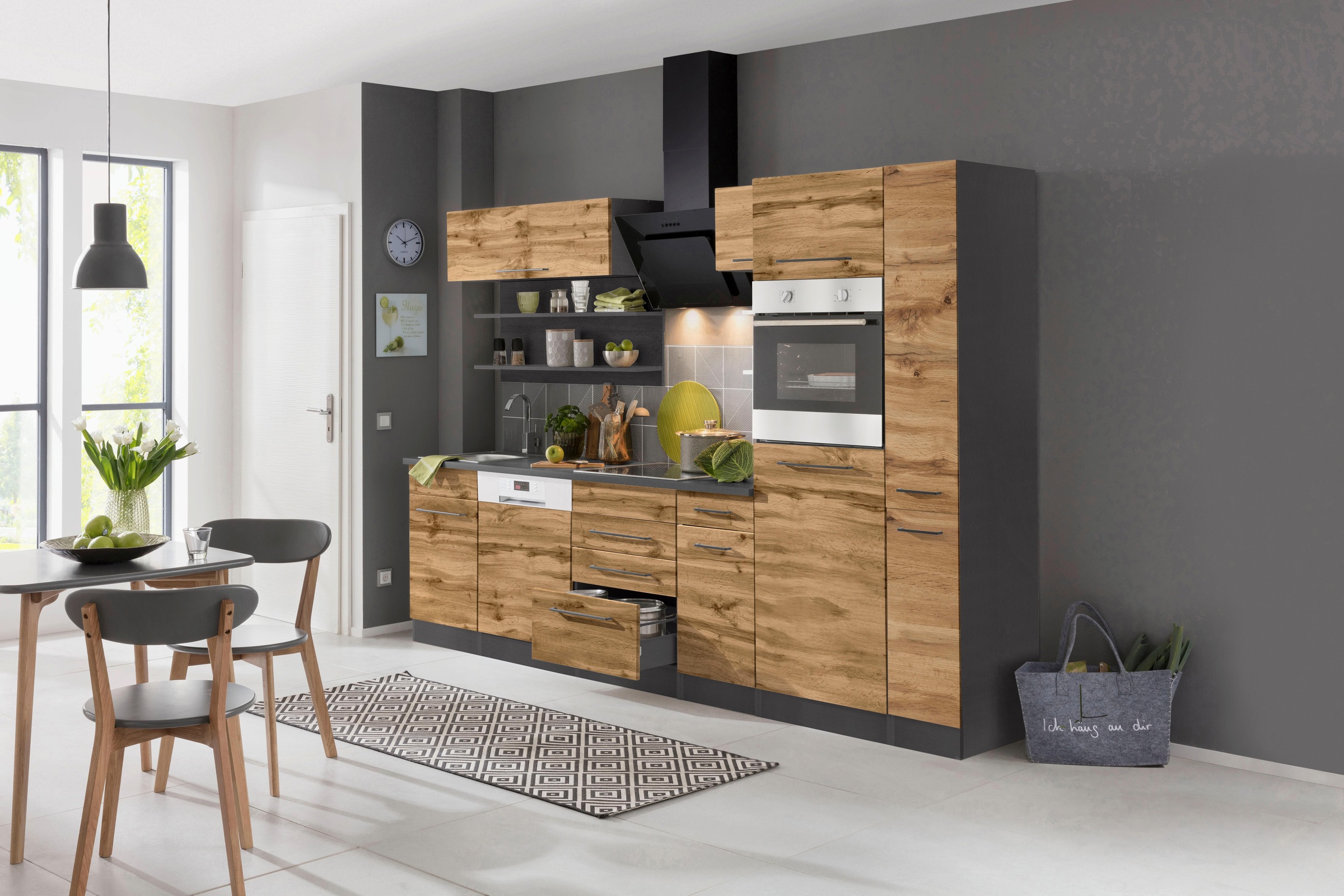 KOCHSTATION Küchenzeile »KS-Tulsa«, mit E-Geräten, Breite 270 cm, schwarze Metallgriffe, MDF Fronten