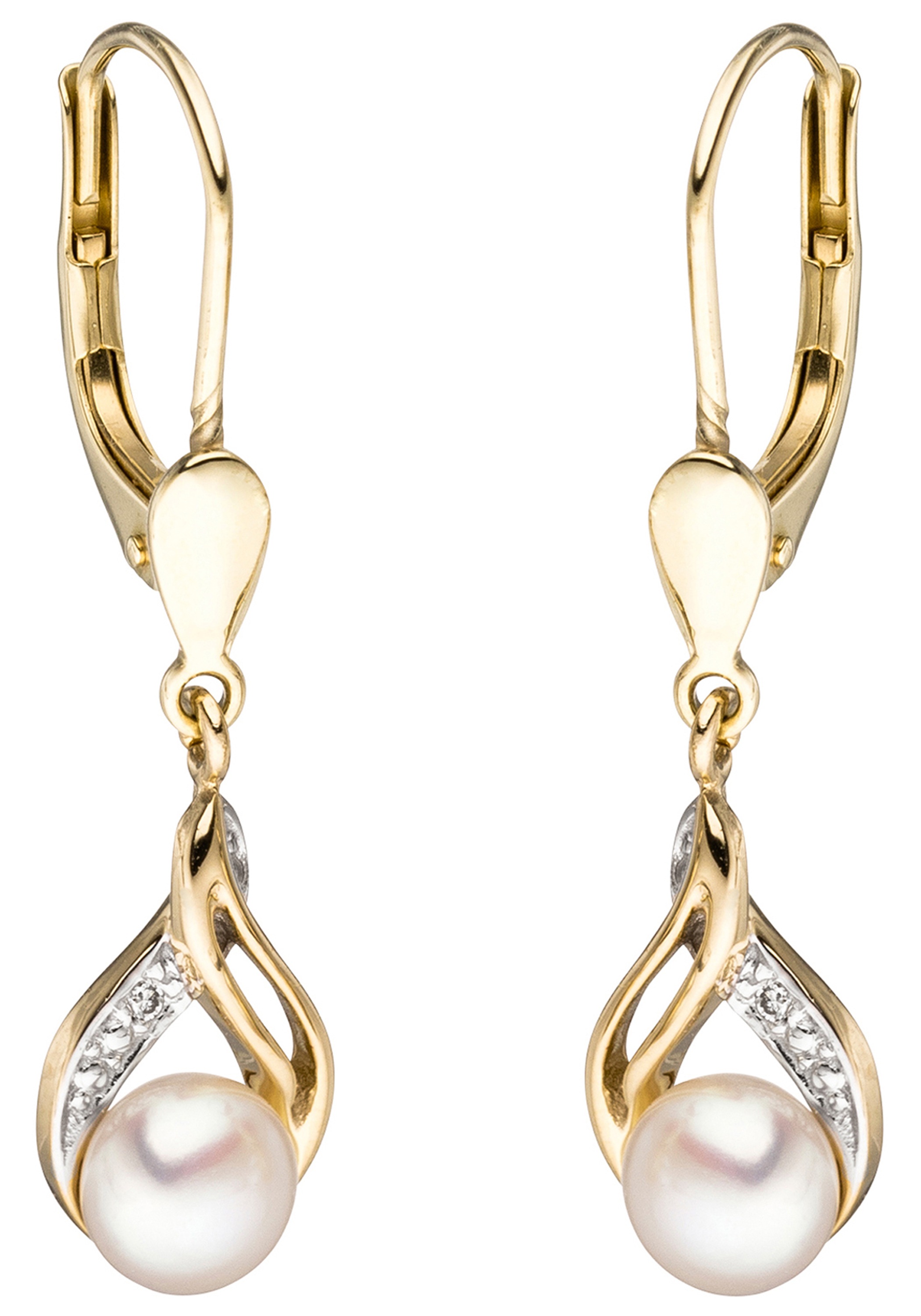 JOBO Perlenohrringe 585 Gold mit 2 Diamanten und Süßwasser-Zuchtperlen