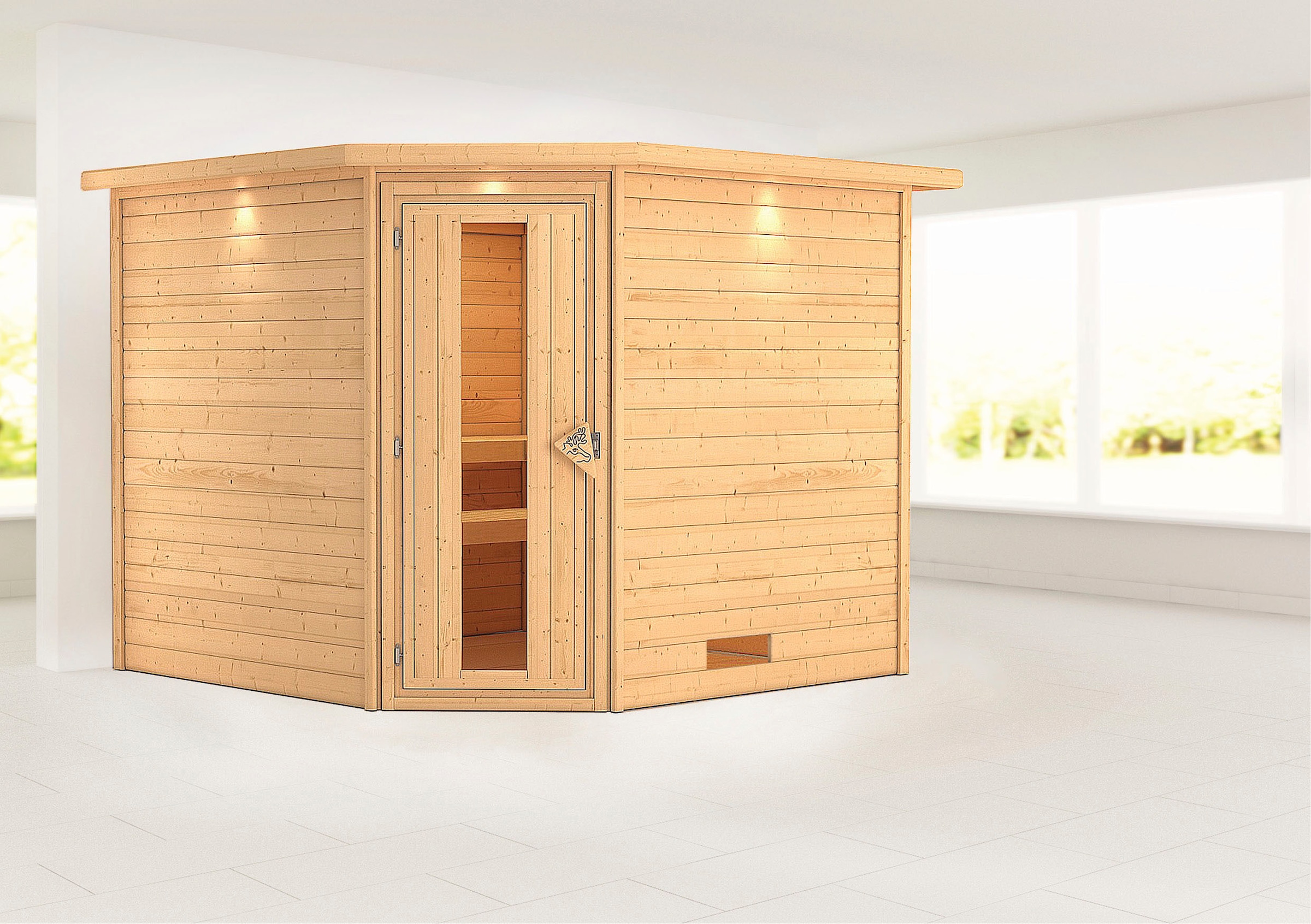 Karibu Sauna ""Leona" mit Kranz und Energiespartür naturbelassen", aus hochwertiger nordischer Fichte