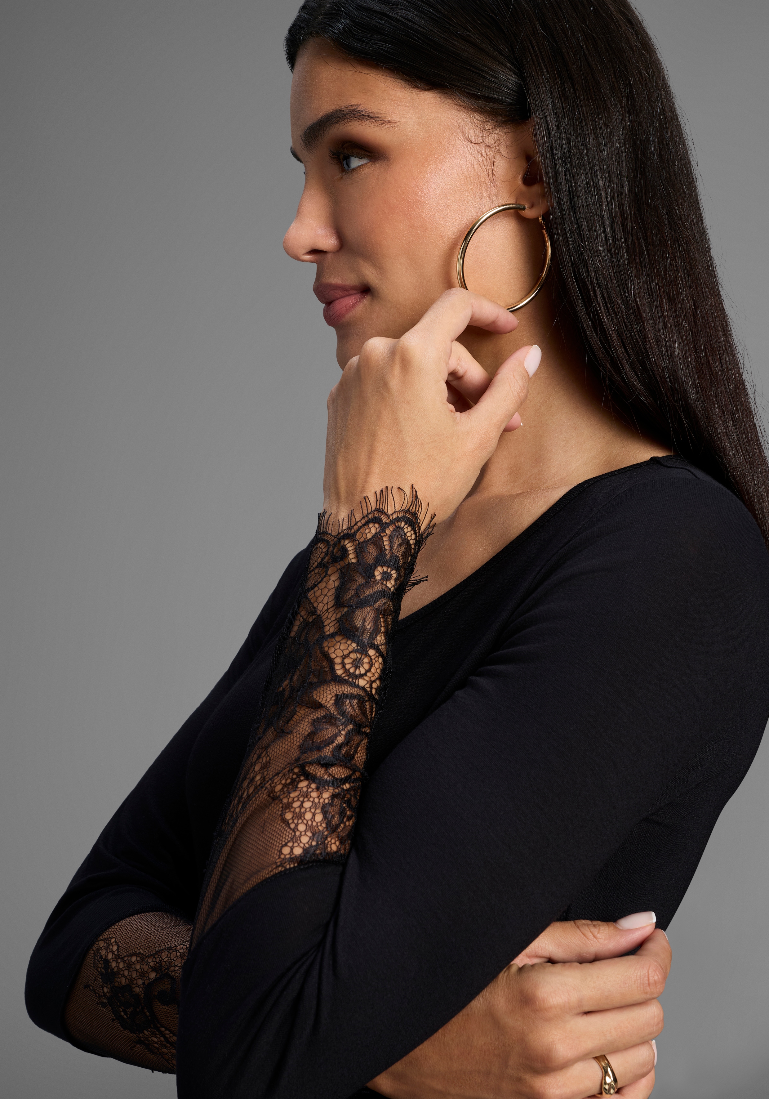 Thumbnail - Melrose Langarmshirt taillierte Passform, aus Jersey und Spitze