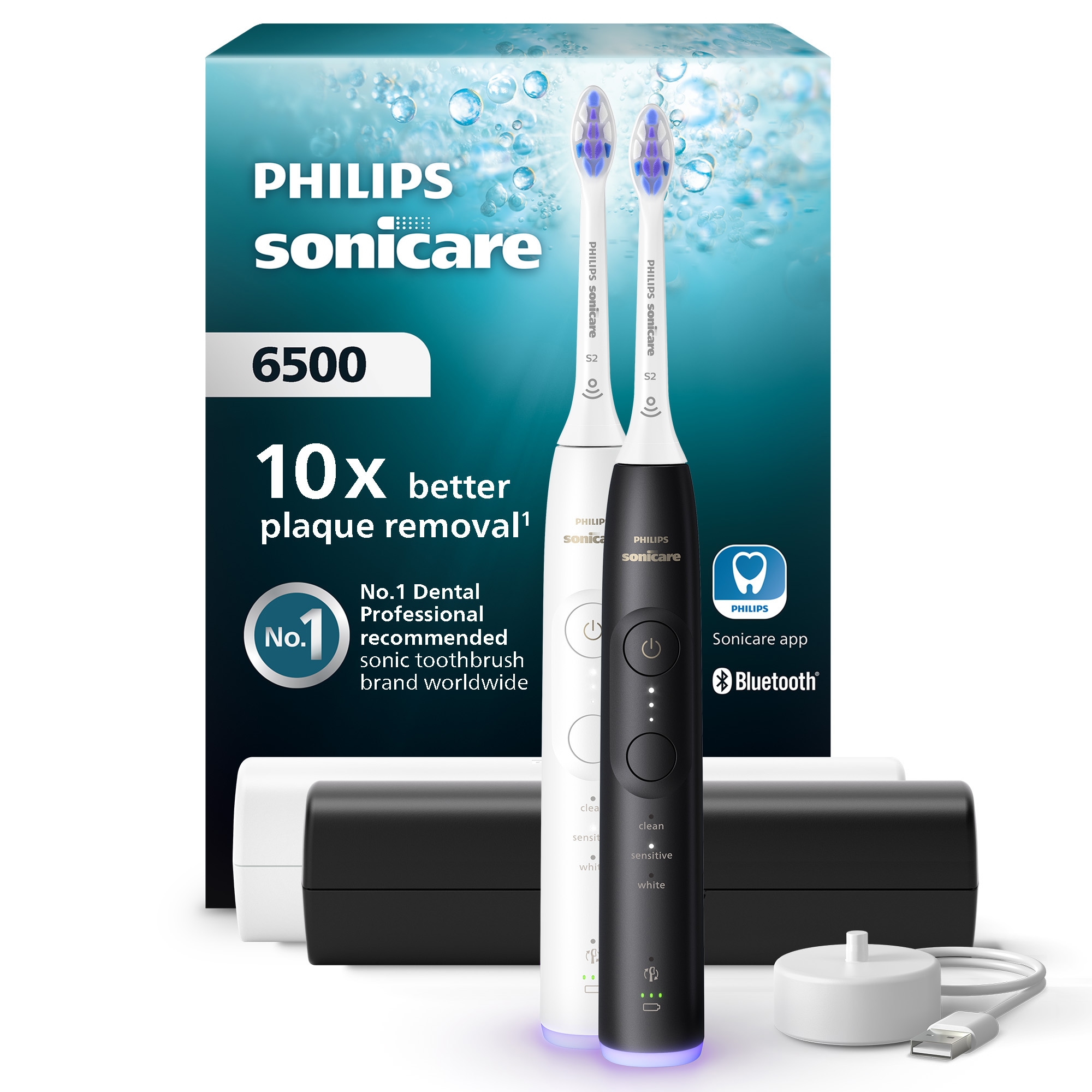 Philips Sonicare "Series 6500 HX7419/01" 2 Stk. Aufsteckbürsten mit Andruckkontrolle, 3 Intensitätsstufen, inkl. Ladegerät, Reiseetui