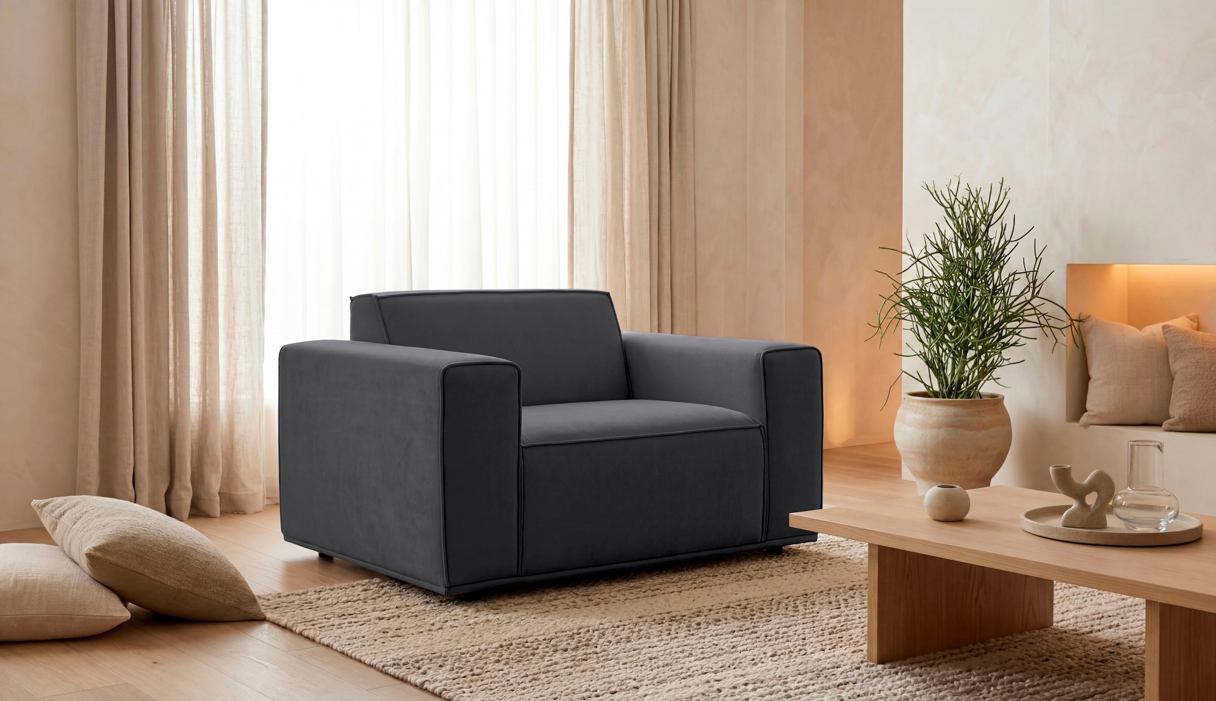 OTTO home Loveseat "Avelin, 1.5 Sitzer, 140 cm, Chenille, Struktur-Boucle" mit Wellenunterfederung, Kedernaht, bodentief, Skandi-Design