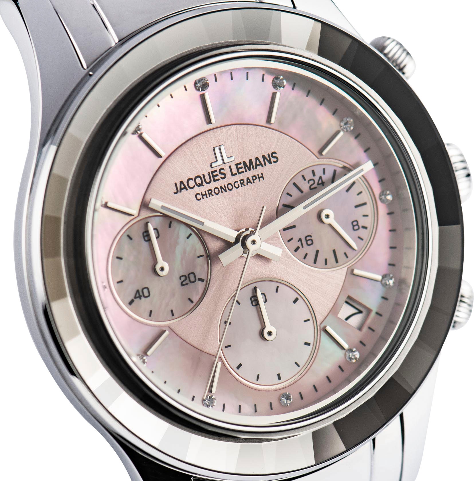 Jacques Lemans Chronograph »Venice«, Armbanduhr, Damenuhr, Edelstahlarmband, Stoppfunktion, Datum, Perlmutt