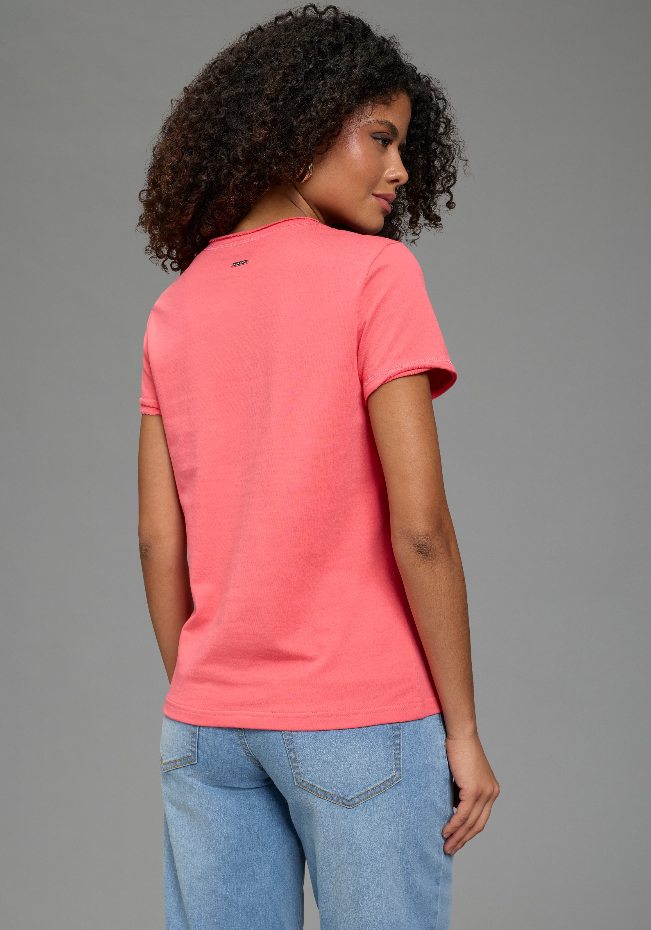 Laura Scott T-Shirt mit V-Ausschnitt und geschnittener Kante, erhabener Fro günstig online kaufen