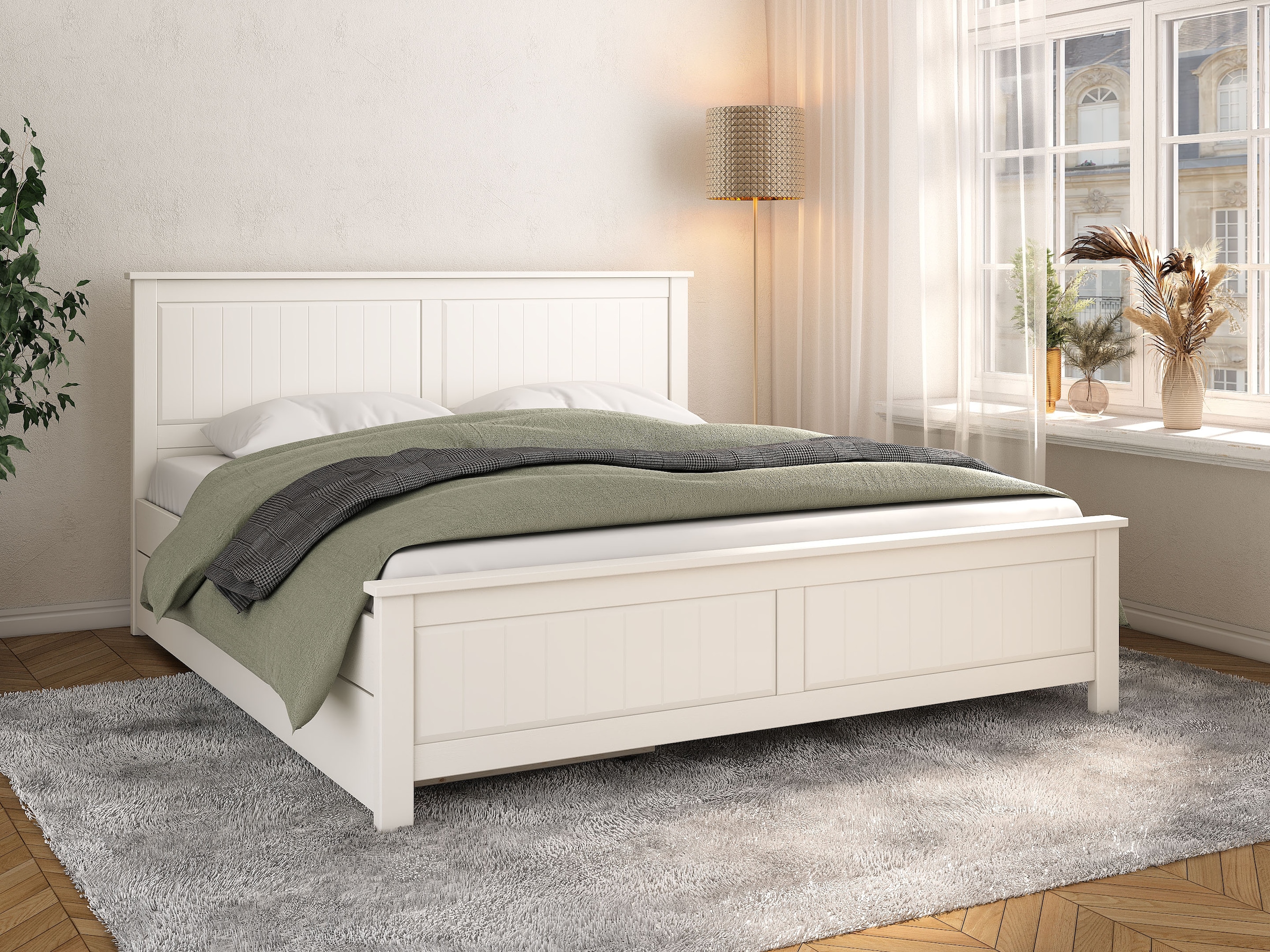 Home affaire Massivholzbett »Northwood, Landhausstil, mit Lamellen und Kassetten, Made in EU« Liegefläche 180x200cm,  inklusive Lattenrost, stilvolles Design, Schubkasten optional (748832)