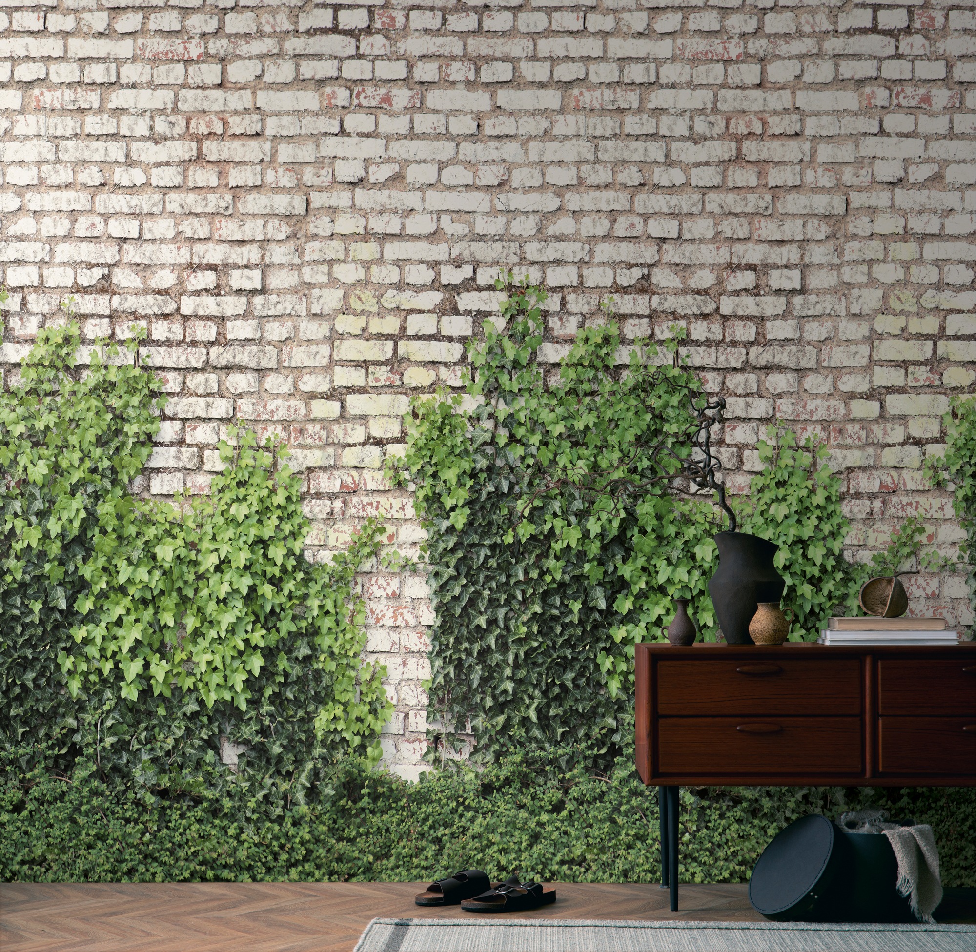 living walls Fototapete "The Wall 4 Eyecatcher – Steinwand mit Blätterranken Vlies-Fototapete" Steinoptik matt naturalistisch leicht strukturiert Steinwand mit Blätterranken – dekorativer Tiefenwirkung