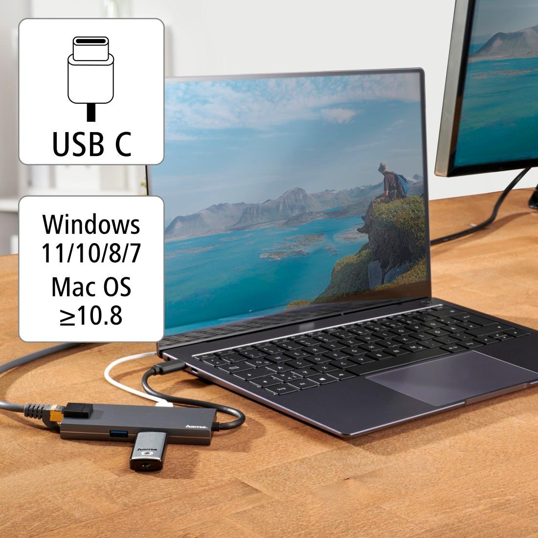 Hama USB-Adapter »USB-C Multiport Hub für Laptop mit 5 Ports, USB-A, USB-C, HDMI, LAN« USB-C zu HDMI | RJ-45 (Ethernet) | USB Typ A | USB Typ C 15 cm Laptop Dockingstation, kompakt, robustes Gehäuse, silberfarben