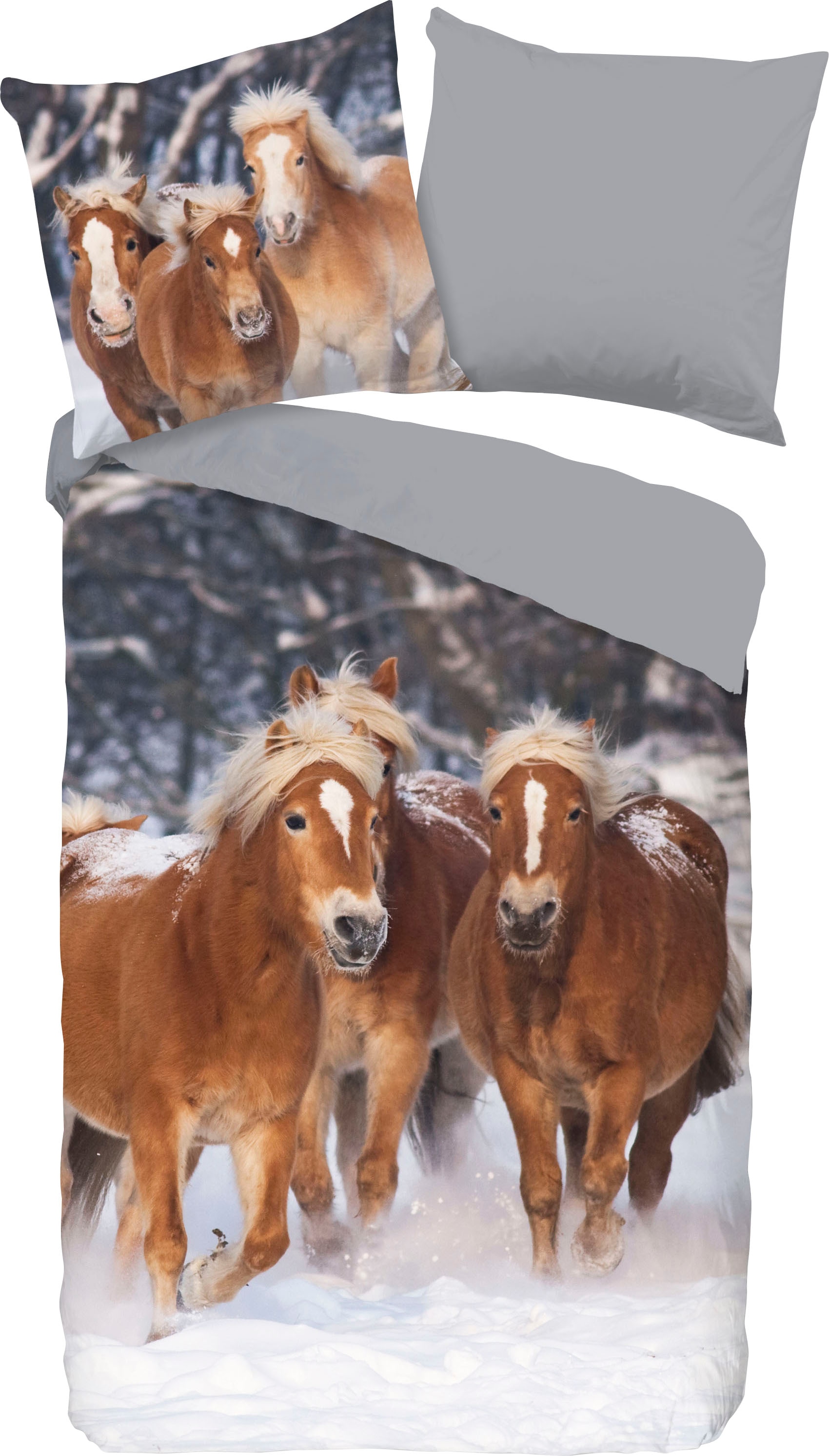 good morning Kinderbettwäsche "Happy horses", Biber, 135x200, Weich, Warm, Reißverschluss, Wendeoptik, Kind, Pferd