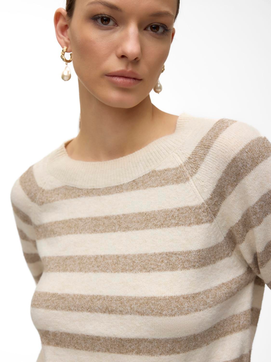 Rundhalspullover VERO MODA "VMDOFFY LS O-NECK BLOUSE GA NOOS", Damen, Gr. M, beige (birch stripes:with sepia tint), Strick, Obermaterial: 94% Polyester, 3% Elasthan, 3% Nylon, gestreift, regular fit normal, Rundhals, Rippbündchen, Pullover Rundhalspullove 3