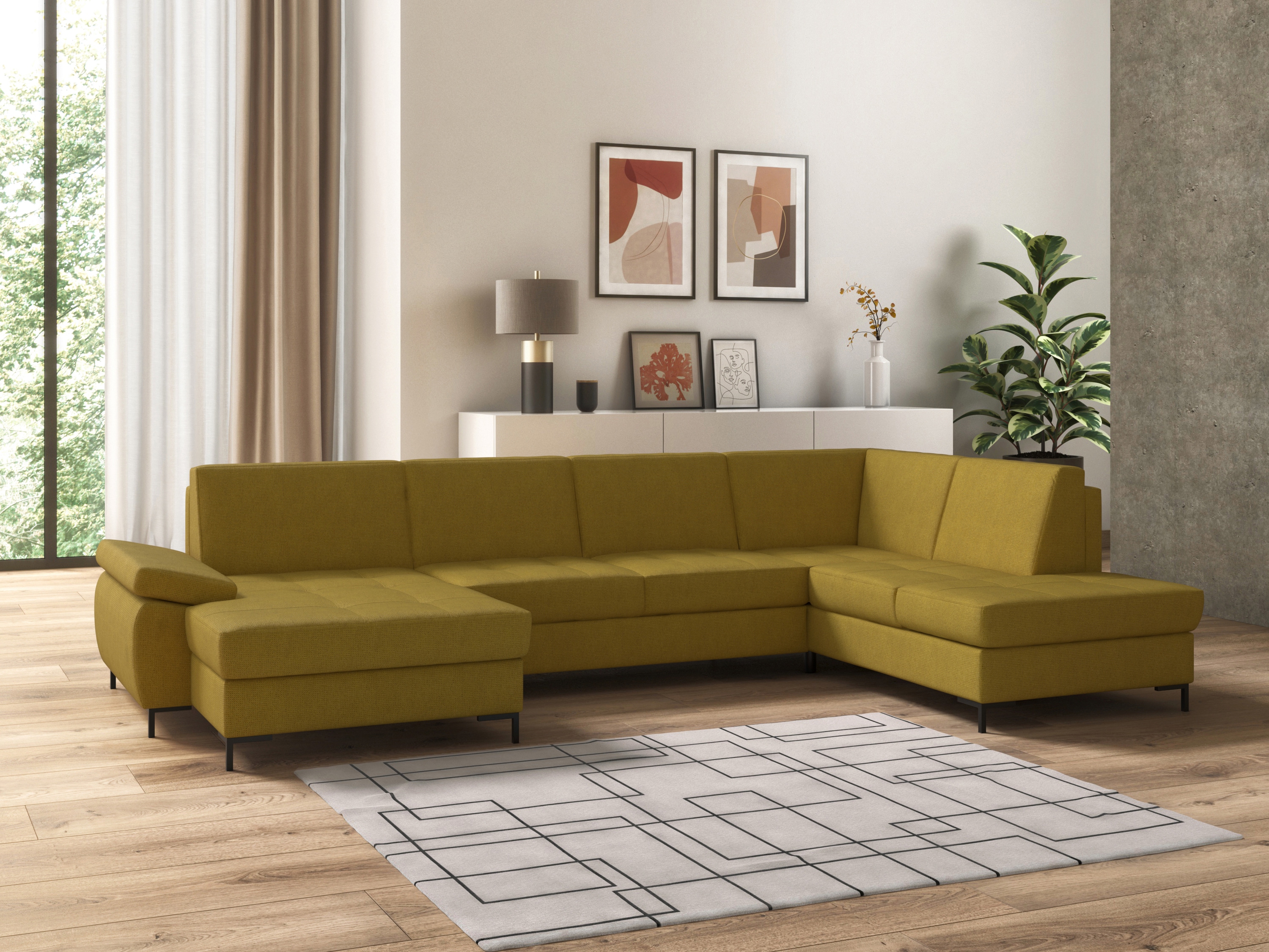 DOMO collection Wohnlandschaft "Capelo, komfortabel, klare Linien zeichnen dieses Design aus, U-Form" mit Armteilverstellung, wahlweise mit Bettfunktion, Federkern