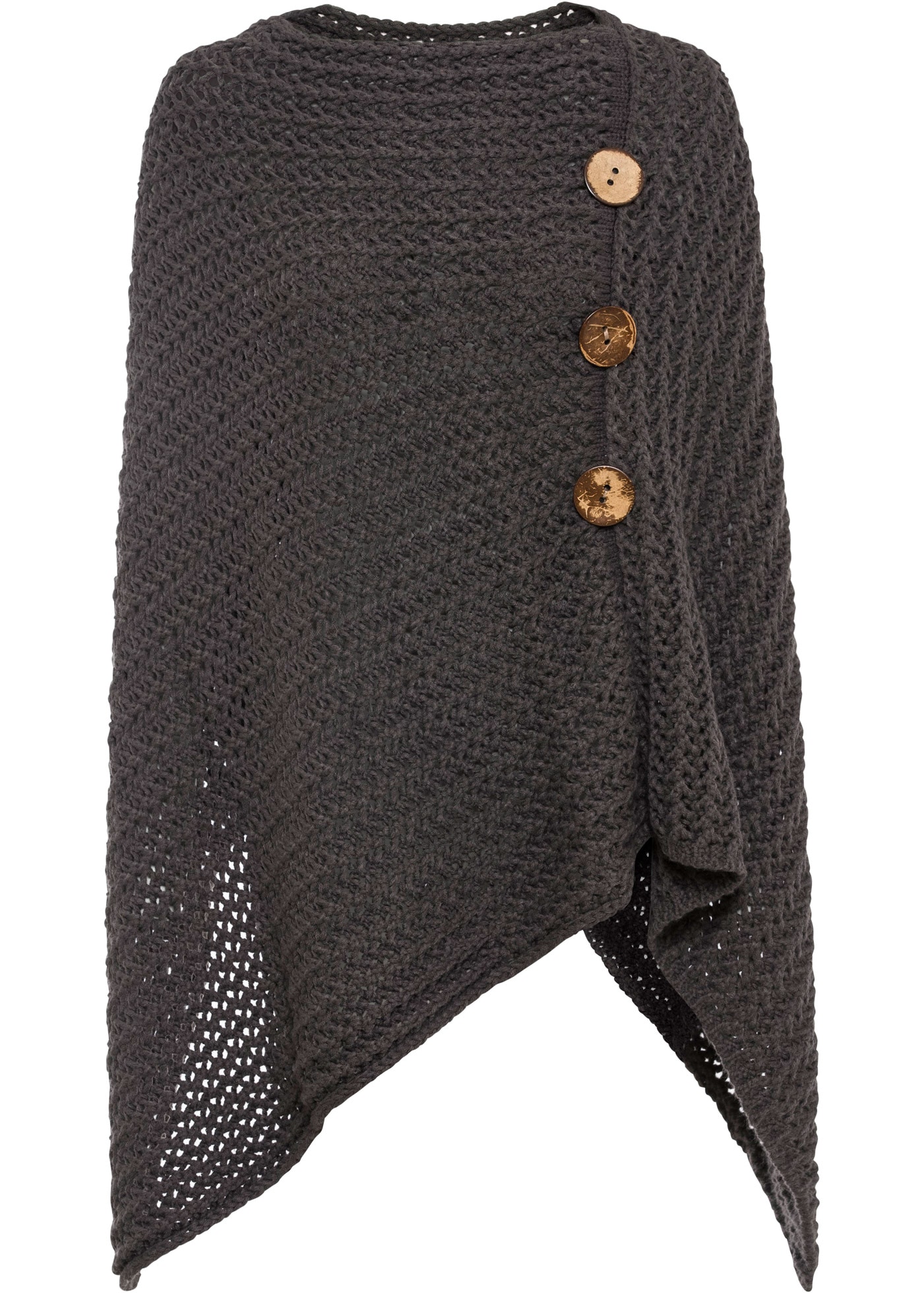 bonprix Strickponcho "Poncho" aus Polyacryl und Polyester, mit Rundhals, mit Holzzierknöpfen