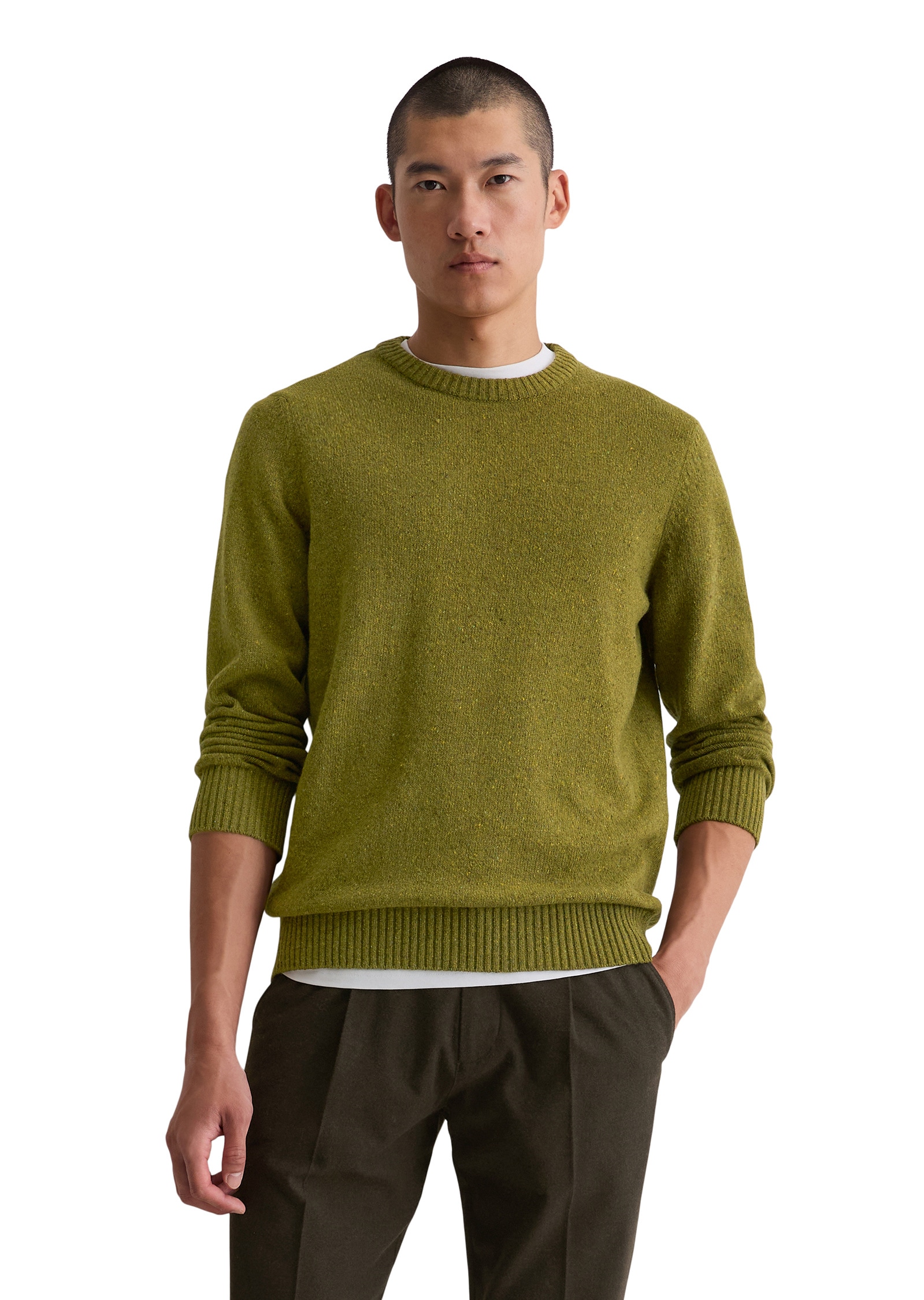 MARC O'POLO Herren Rundhalspullover "aus gesprenkeltem Tweedgarn"grün mustard, Gr. XXL, unifarben, Obermaterial: 31% Wolle (Schafwolle), 29%