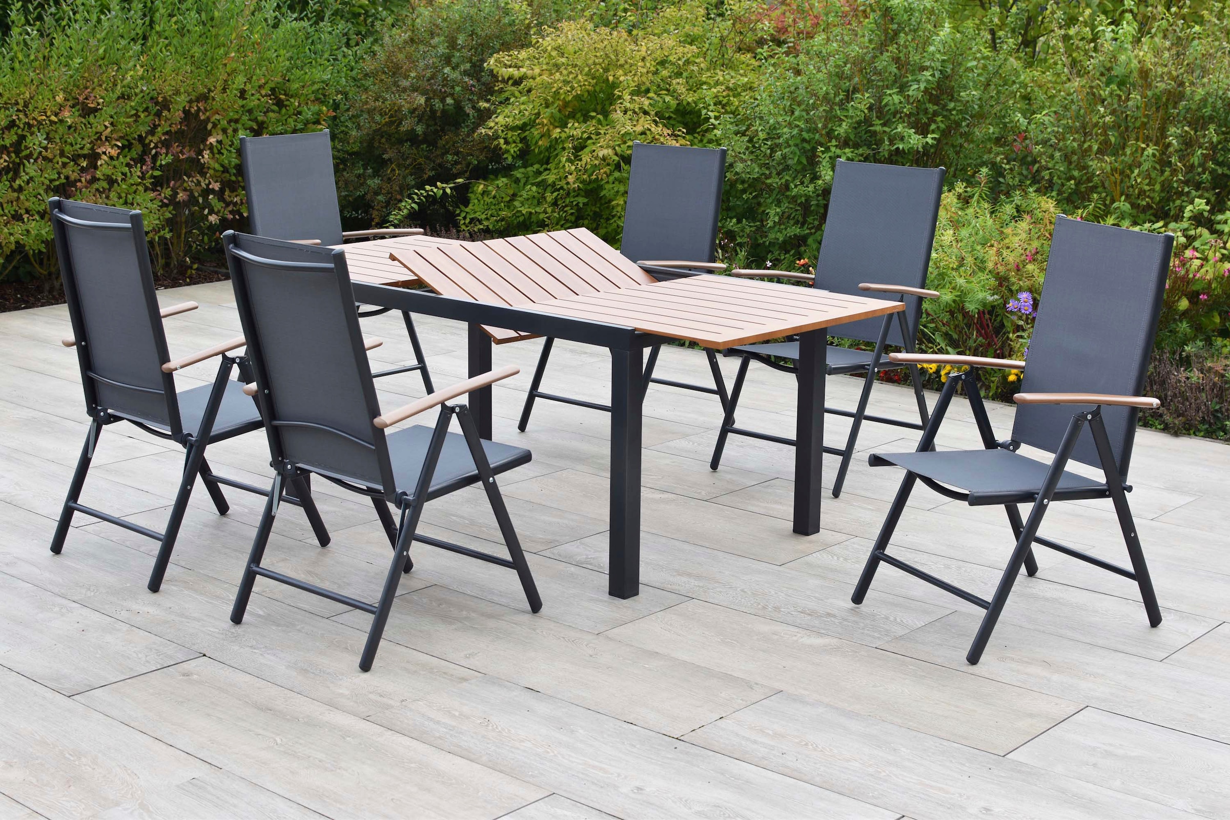 MERXX Garten-Essgruppe »Valenza« Set, 7 tlg. inkl. 6 Klappsessel, 1 Ausziehtisch