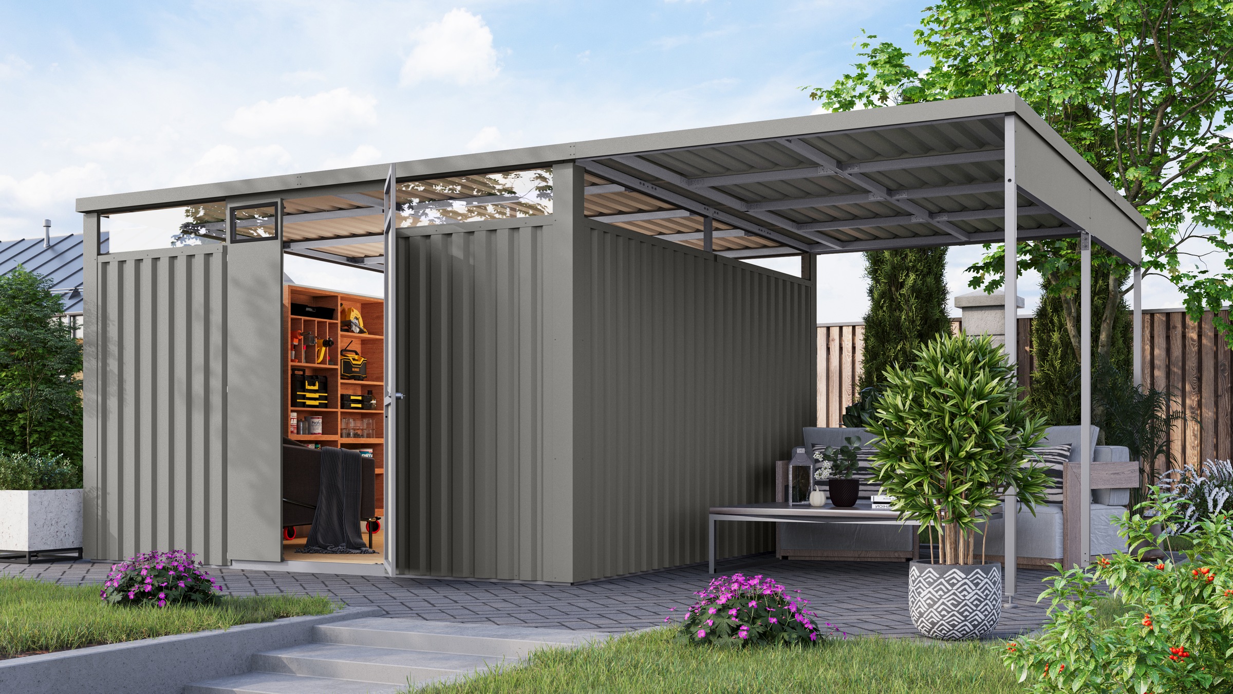 Karibu Gartenhaus ""Østen 3,5" SET mit Anbaudach 2,25 m" pulverbeschichtete günstig online kaufen