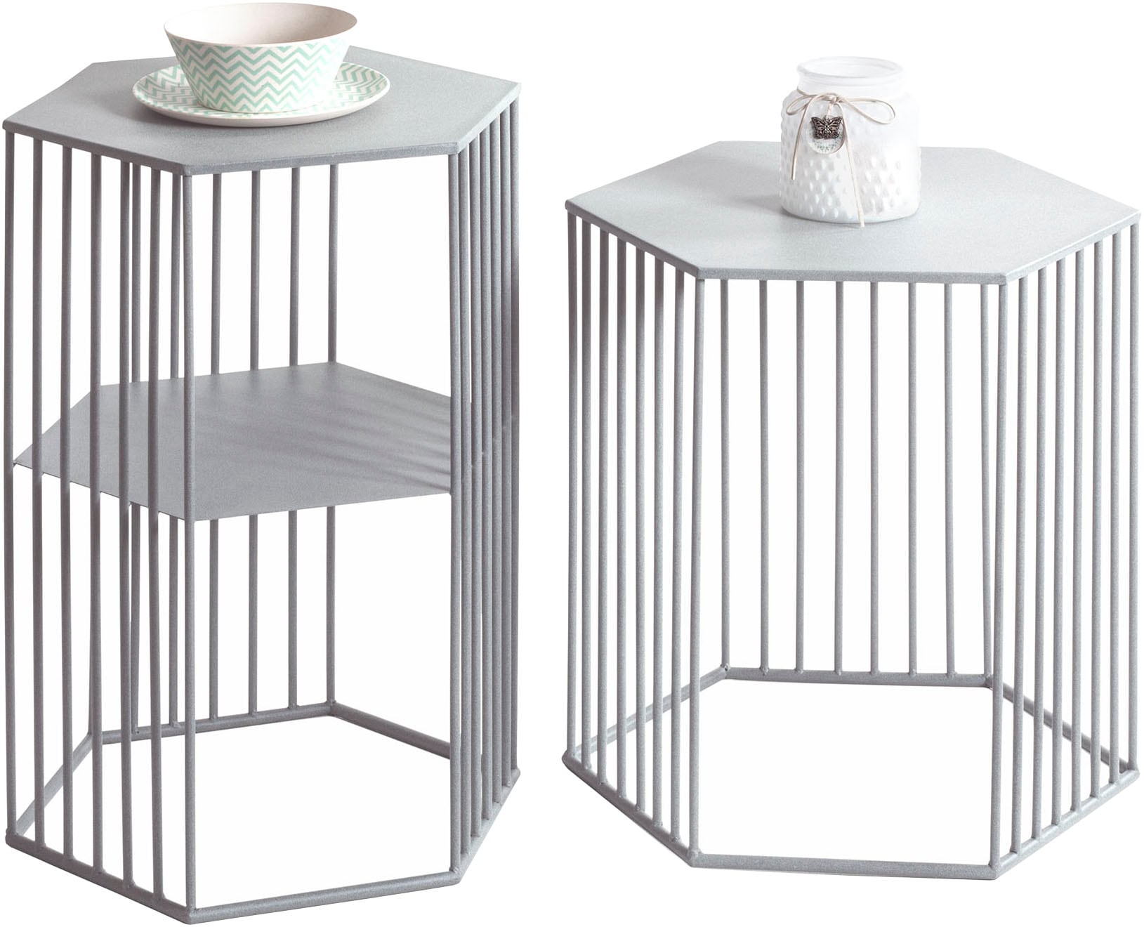 HAKU Beistelltisch "Sofatisch, Wohnzimmertisch" Set, 2er Set, 2 Stk. tlg. sechseckig - aus Metall Grau B/T/H 38/33/55 und 42/37/45 cm