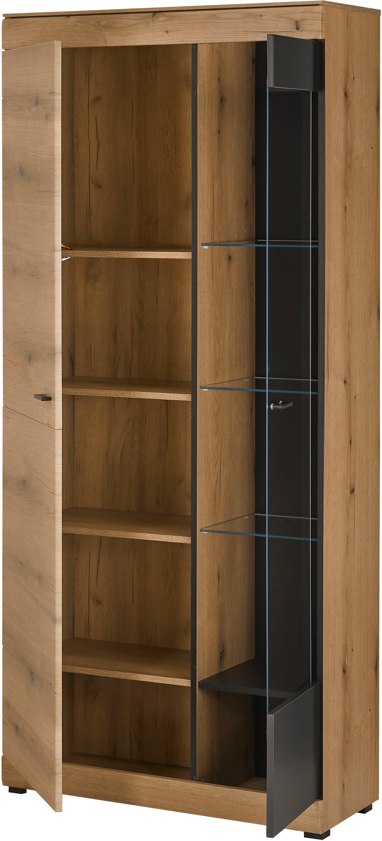 Home affaire Vitrine »Soleto, Vitrinenschrank in Evoke Eiche, moderne Glasvitrine« ausreichend Stauraum, schwarze Griffe aus Metall, zeitlos