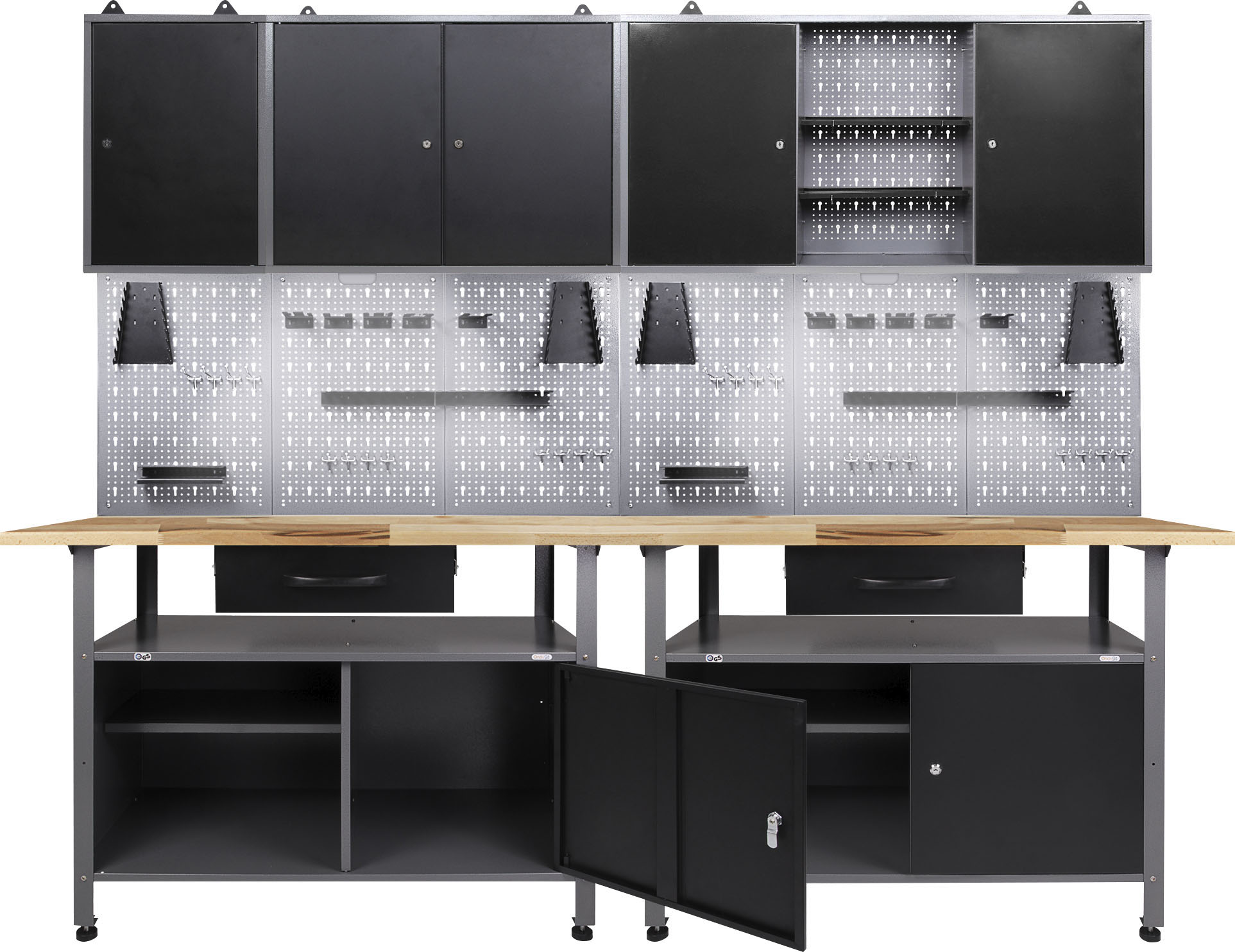 ONDIS24 Werkstatt-Set, B:240cm H:205cm T:60cm, schwarz, Werkbänke, 240 cm, mit 2 LED Lampen