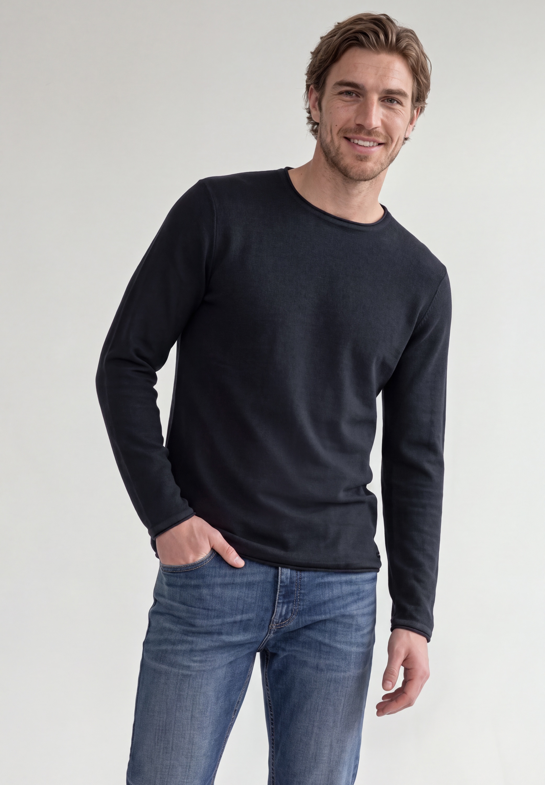 STREET ONE MEN Rundhalspullover aus reiner Baumwolle