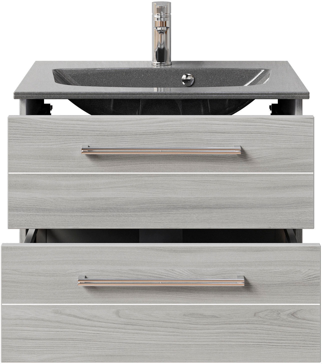 Saphir Badmöbel-Set »Serie 6025 2-teilig Mineralmarmor-Waschtisch mit LED-Spiegelschrank«, (2 St.), Waschplatz 67 cm breit, 2 Schubladen, 2 Spiegel-Türen, inkl Türdämpfer