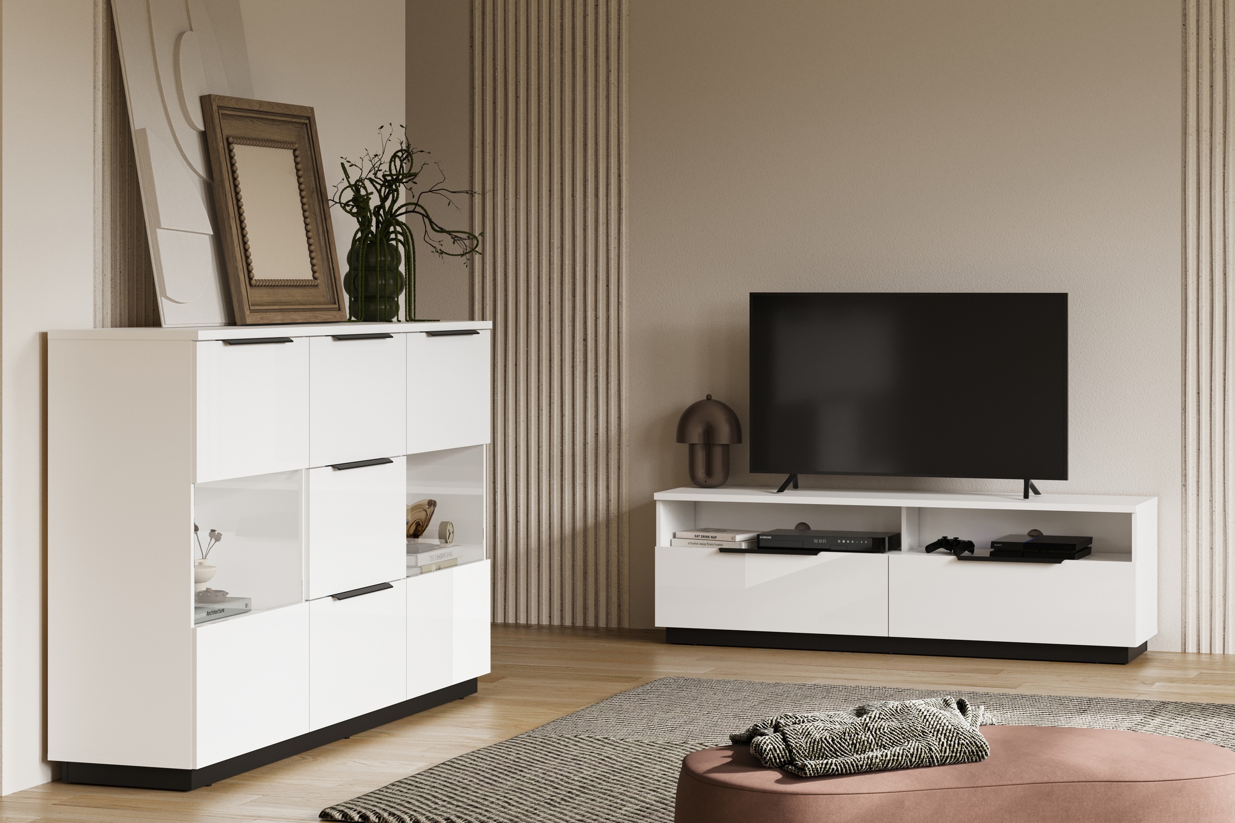 Home affaire Highboard »Tuluza, Breite 180 cm, moderne Hochkommode mit geräumiger Stauraum« Hochkommode mit 3 Schubladen, 6 Fächern, Glastüren, Hochglanzfront