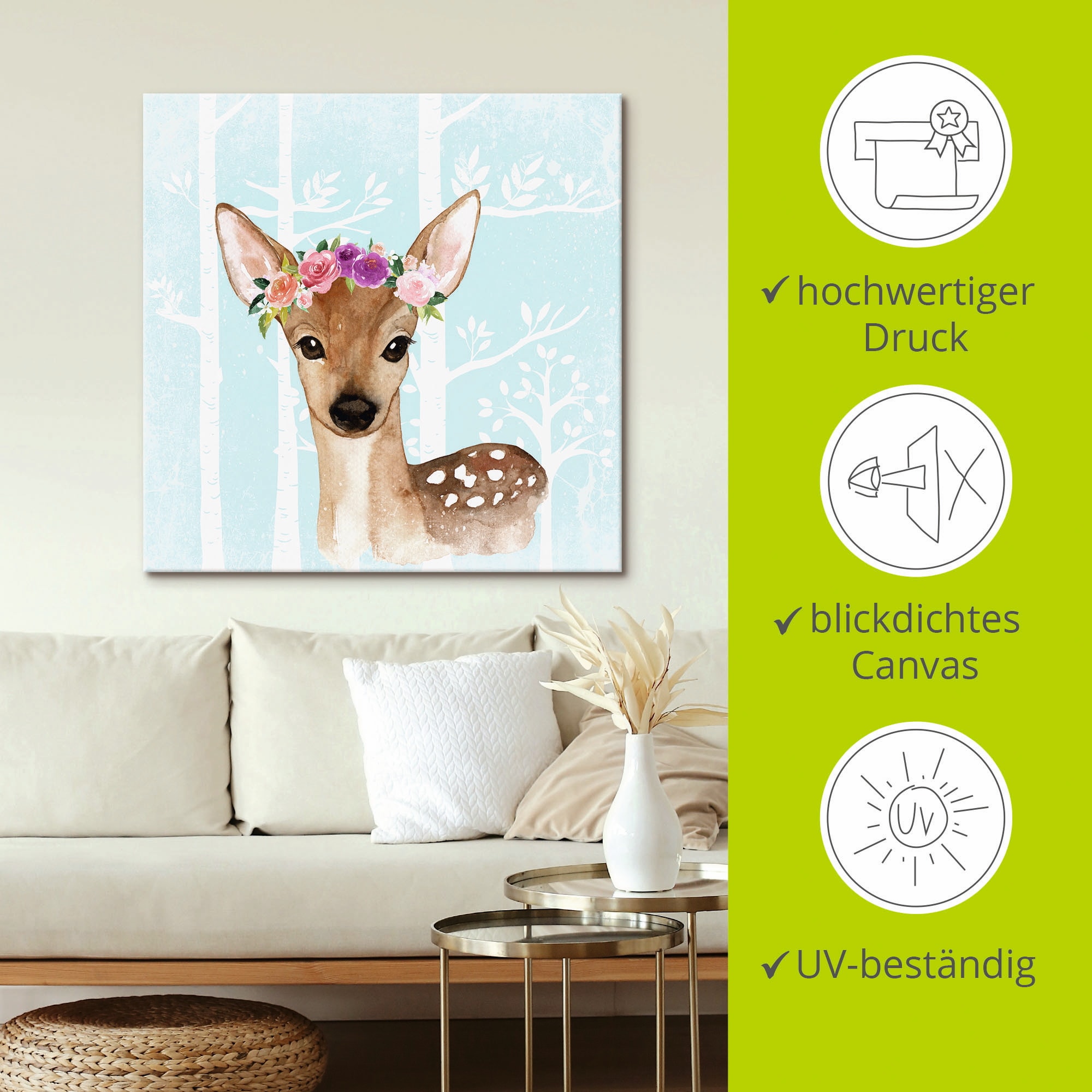 Artland Leinwandbild »Wild Reh mit Blumen im blauen Wald«, Tiere, (1 St.), auf Keilrahmen gespannt