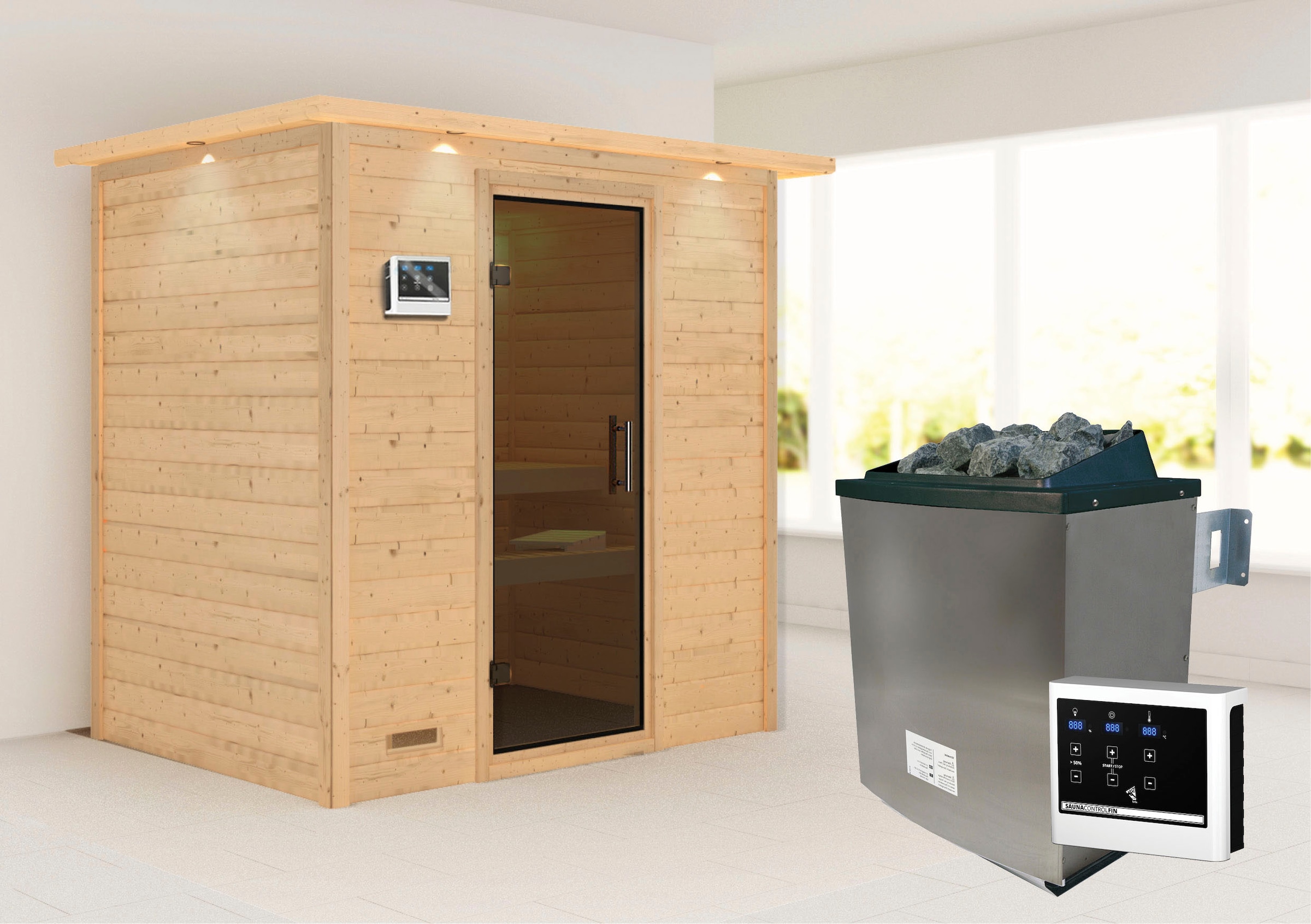 Karibu Sauna ""Sonja" mit graphitfarbener Tür und Kranz Ofen 9 KW externe Strg"