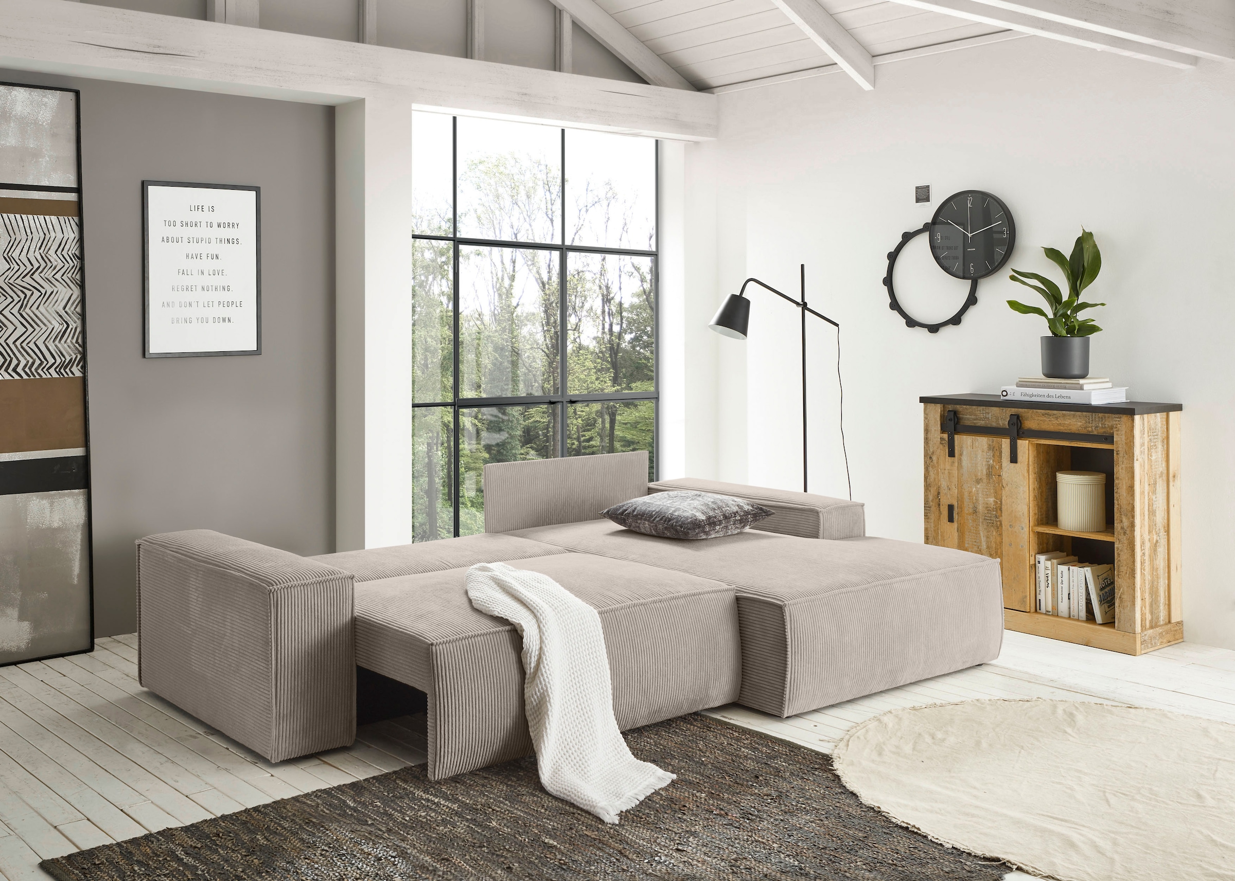 Home affaire Ecksofa »SHERWOOD Schlafsofa 267 cm, L-Form,« Schlaffunktion mit Bettkasten (210x136 cm), Cord, Vintage, Samtvelours