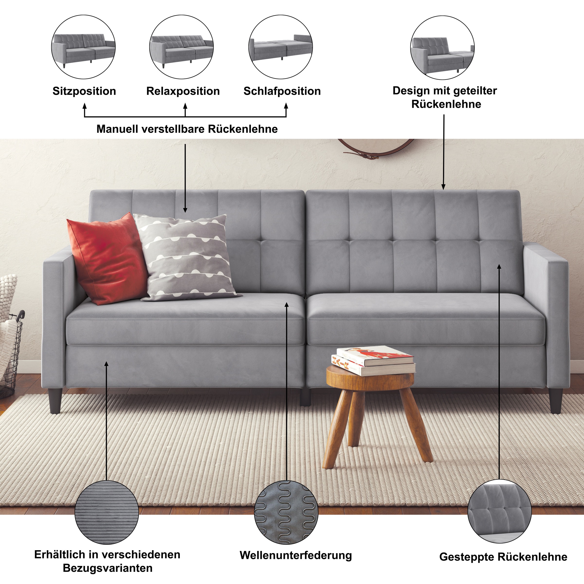 Thumbnail - Dorel Home 3-Sitzer "Hartford II" Bettfunktion, Rückenlehne 2-teilig, 3-fach verstellbar, Sitzhöhe 43 cm