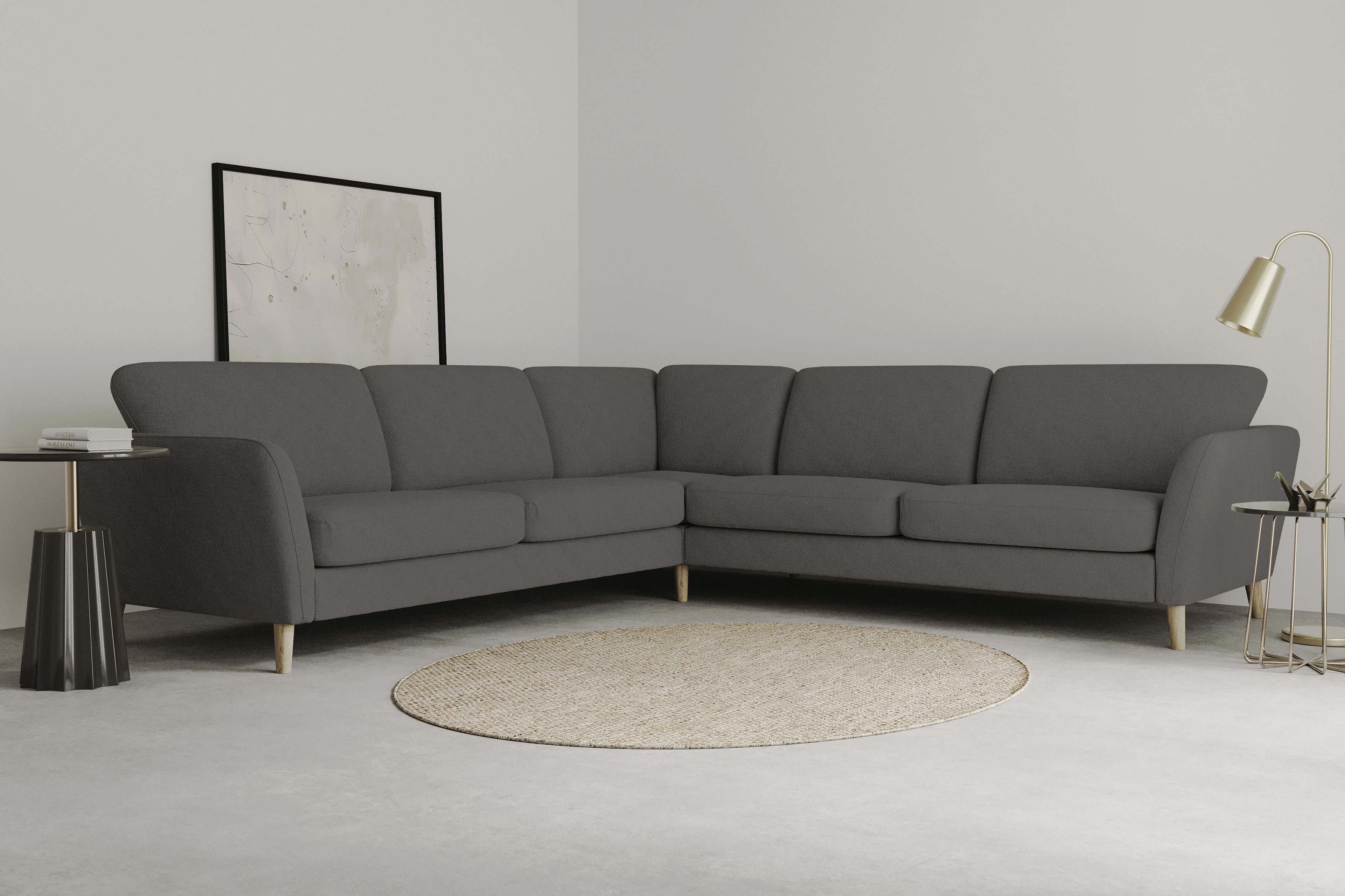 OTTO home Ecksofa "MARSEILLE 278/278 cm, L-Form, Webstoff, Flachgewebe, Filzoptik" gleichschenklig, Massivholzbeine, Landhausstil, Wellenunterfederung