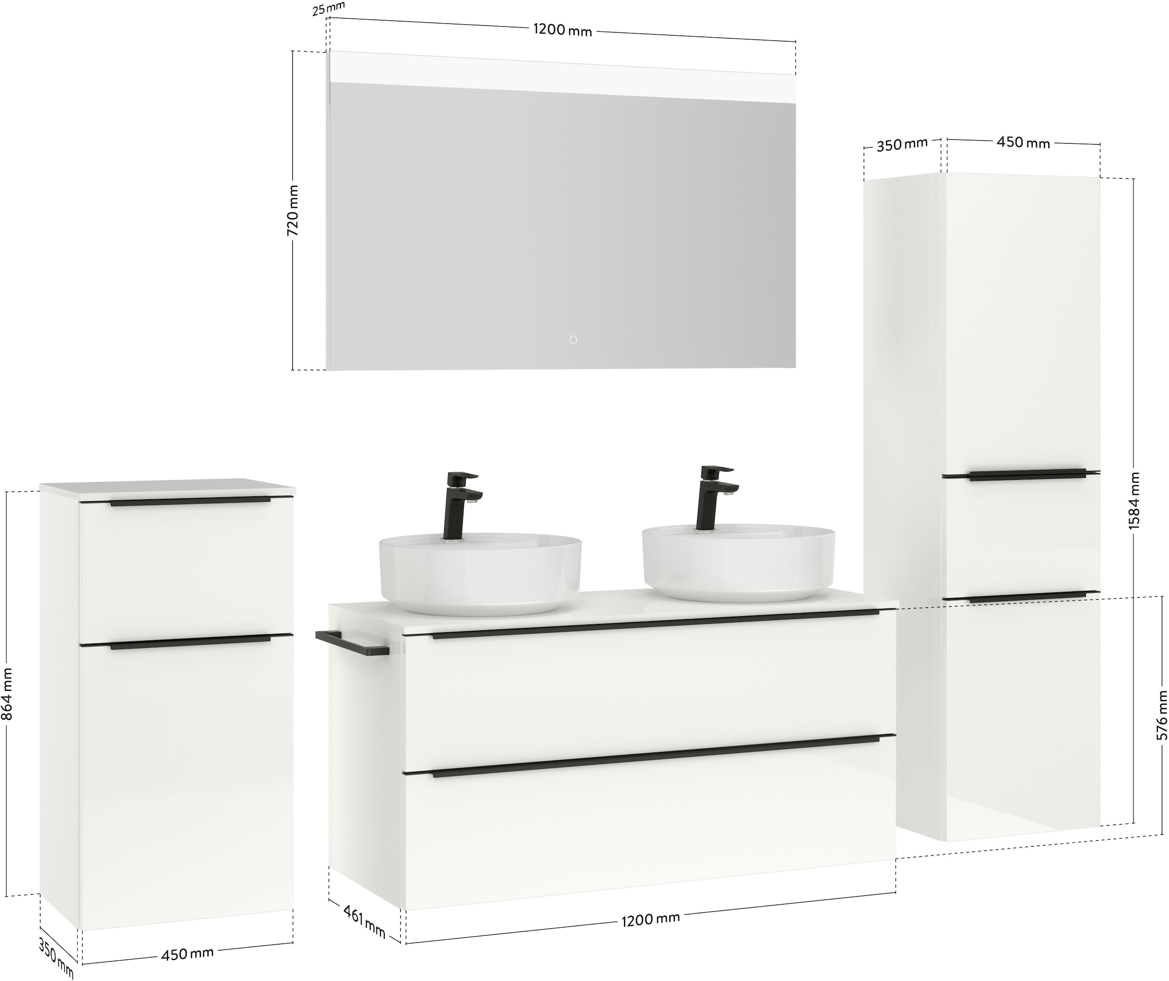nobilia® Badmöbel-Set »Alvene«, (4 St., vormontiert, mit Soft-Close), Hochglanz, inkl. Spiegel mit Touch-Sensor, in vier Breiten
