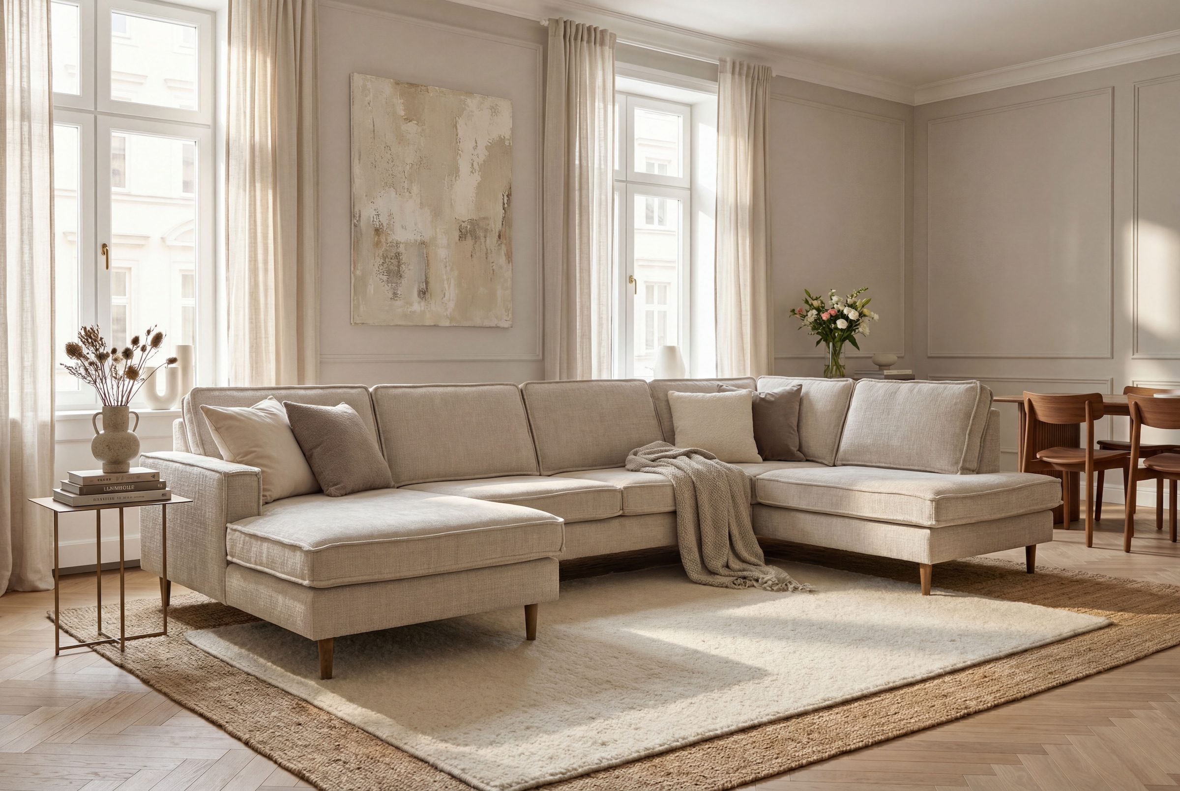 OTTO home Wohnlandschaft "Pinto Skandi, 350 cm, U-Form, XXL, mit Ottomanen" mit Keder, Massivholzfüße Eiche geräuchert, Wellenunterfederung