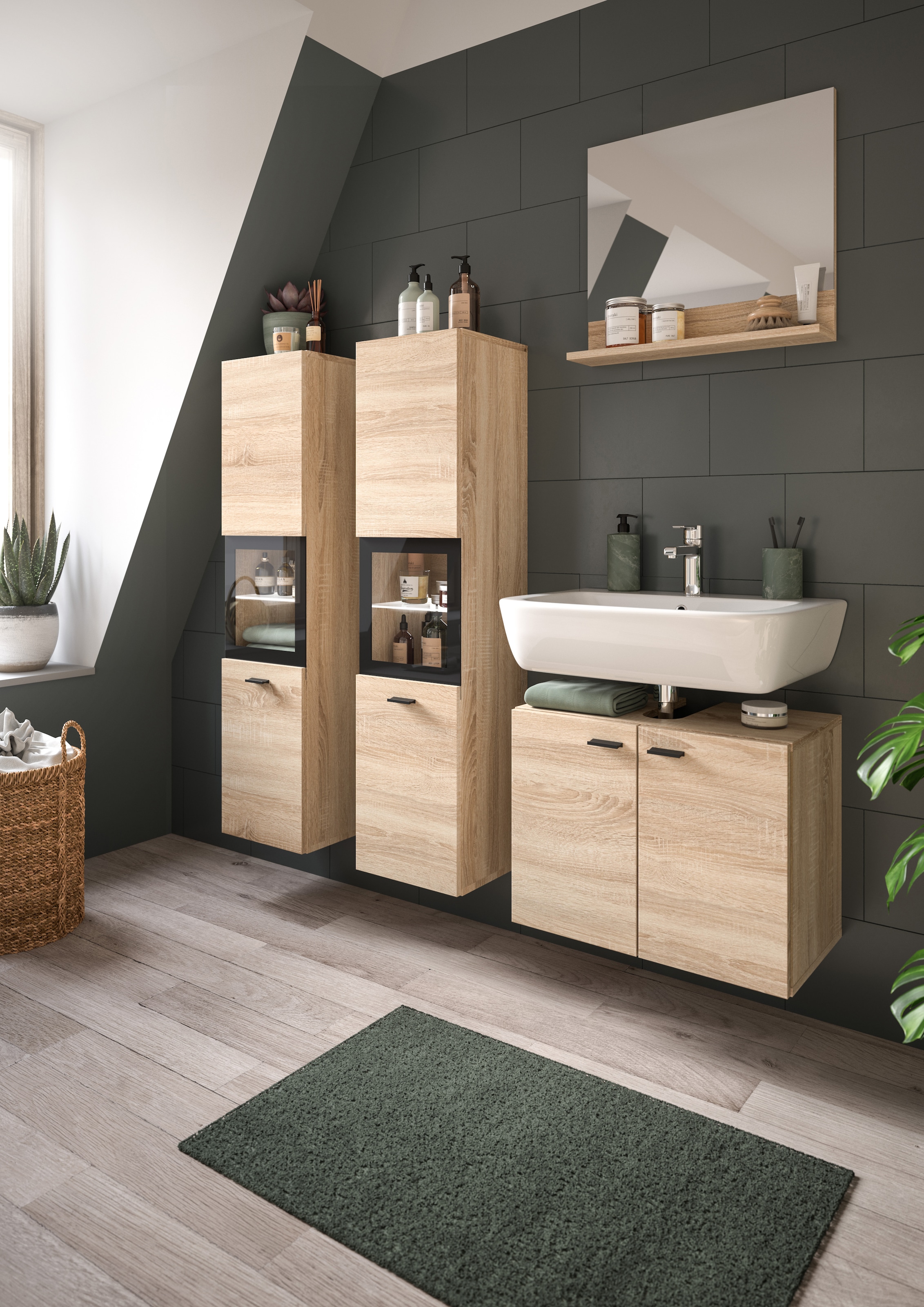 welltime Badmöbel-Set »Tampa, Breite 137cm, 4-teilig«, (4 St.), Waschbeckenunterschrank, Spiegel, Hochschrank