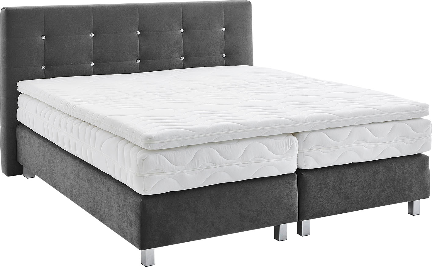 Boxspringbett, grau (anthrazit), B:195cm L:210cm, Bezug: Microvelours 100% Polyester;Polsterung: 100% Polyester, WESTFALIA SCHLAFKOMFORT, Komplettbetten, Boxspringbett, mit Knöpfen in Kristalloptik, wahlweise mit Topper