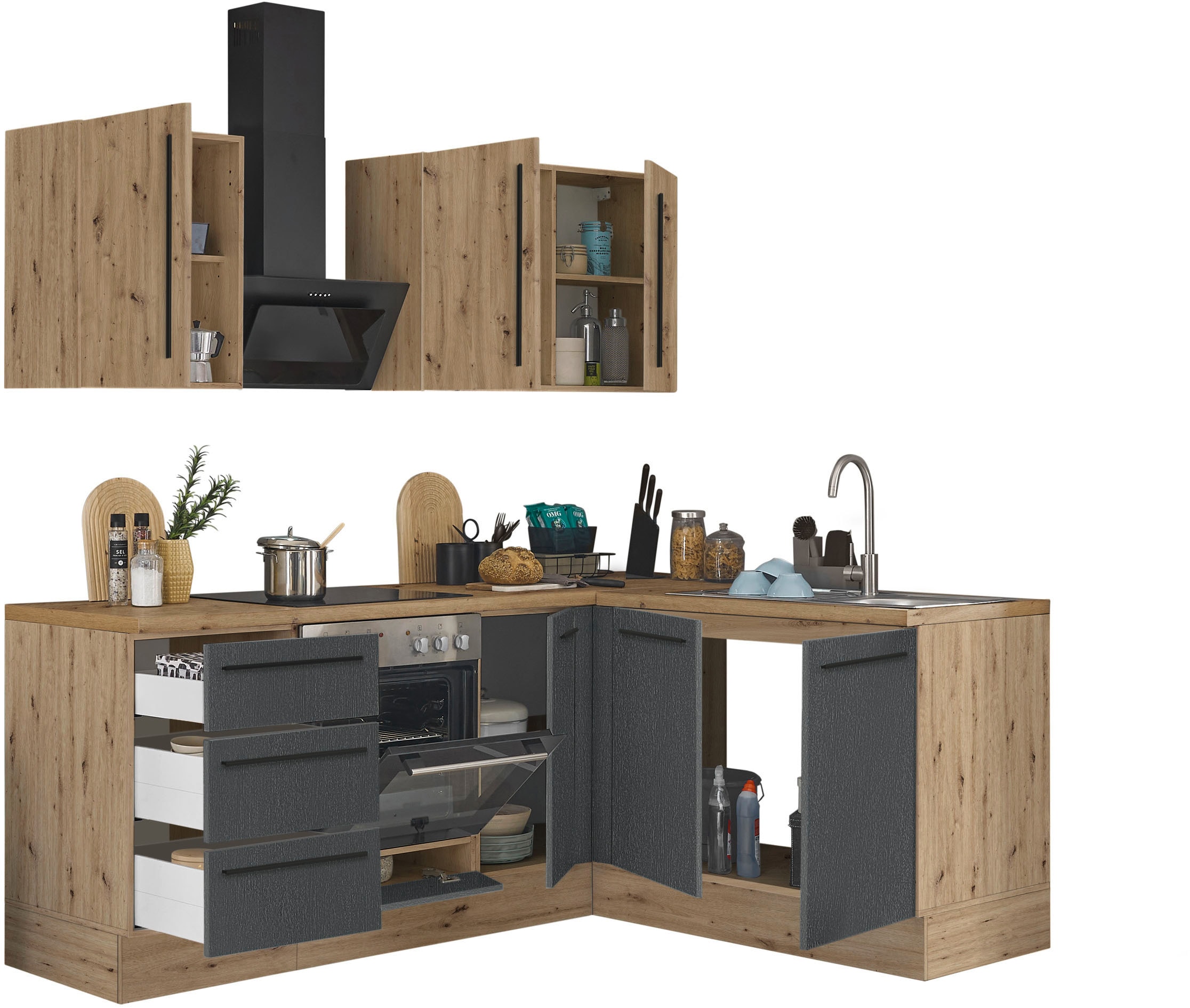 KOCHSTATION Winkelküche »Florida, Stellbreite 210x165 cm« wahlweise mit E-Geräten, mit Softclose für Türen und Schubkästen