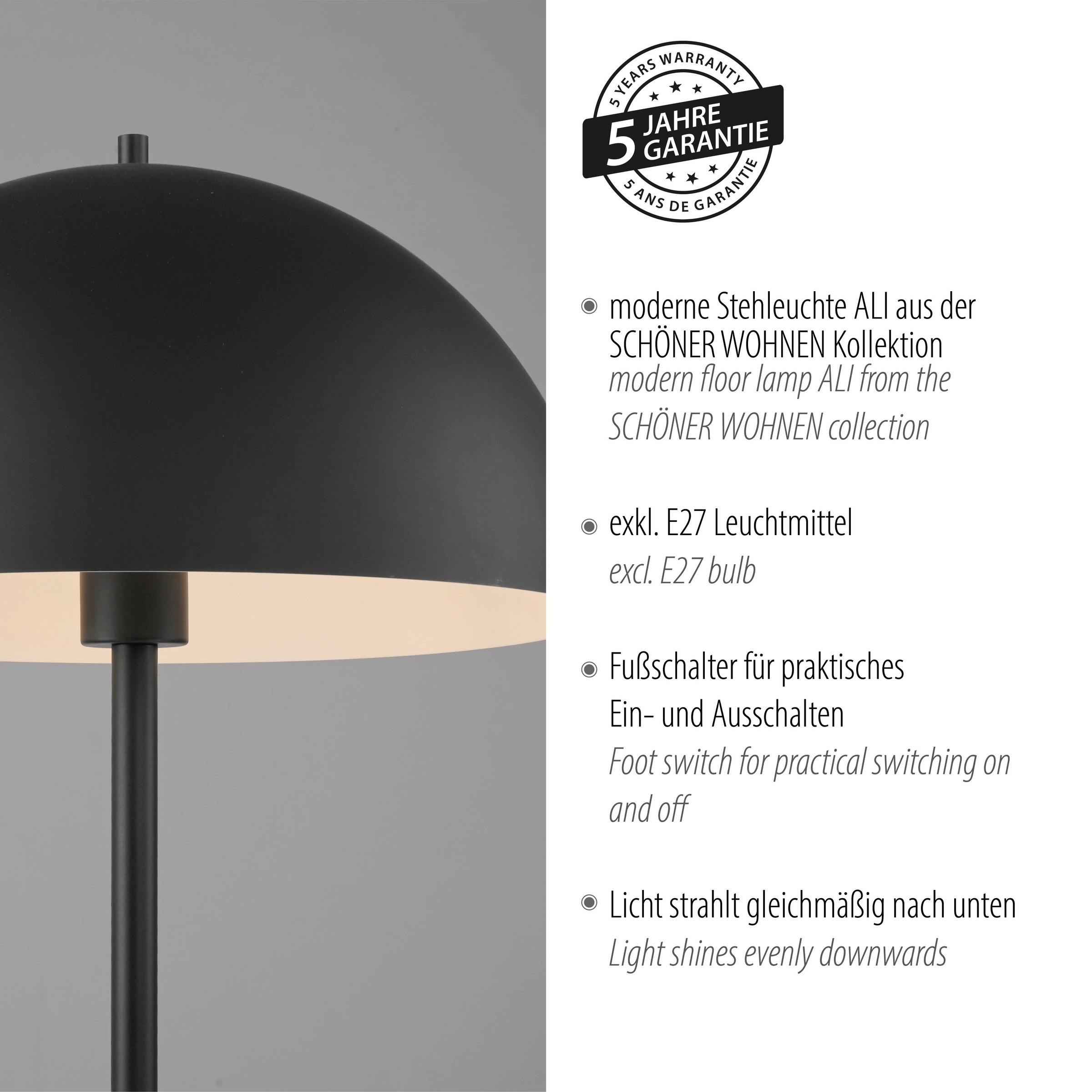 SCHÖNER WOHNEN-Kollektion LED Stehlampe »ALI« E27 1 Stk. SCHÖNER WOHNEN Kollektion, Fußschalter, Downlight