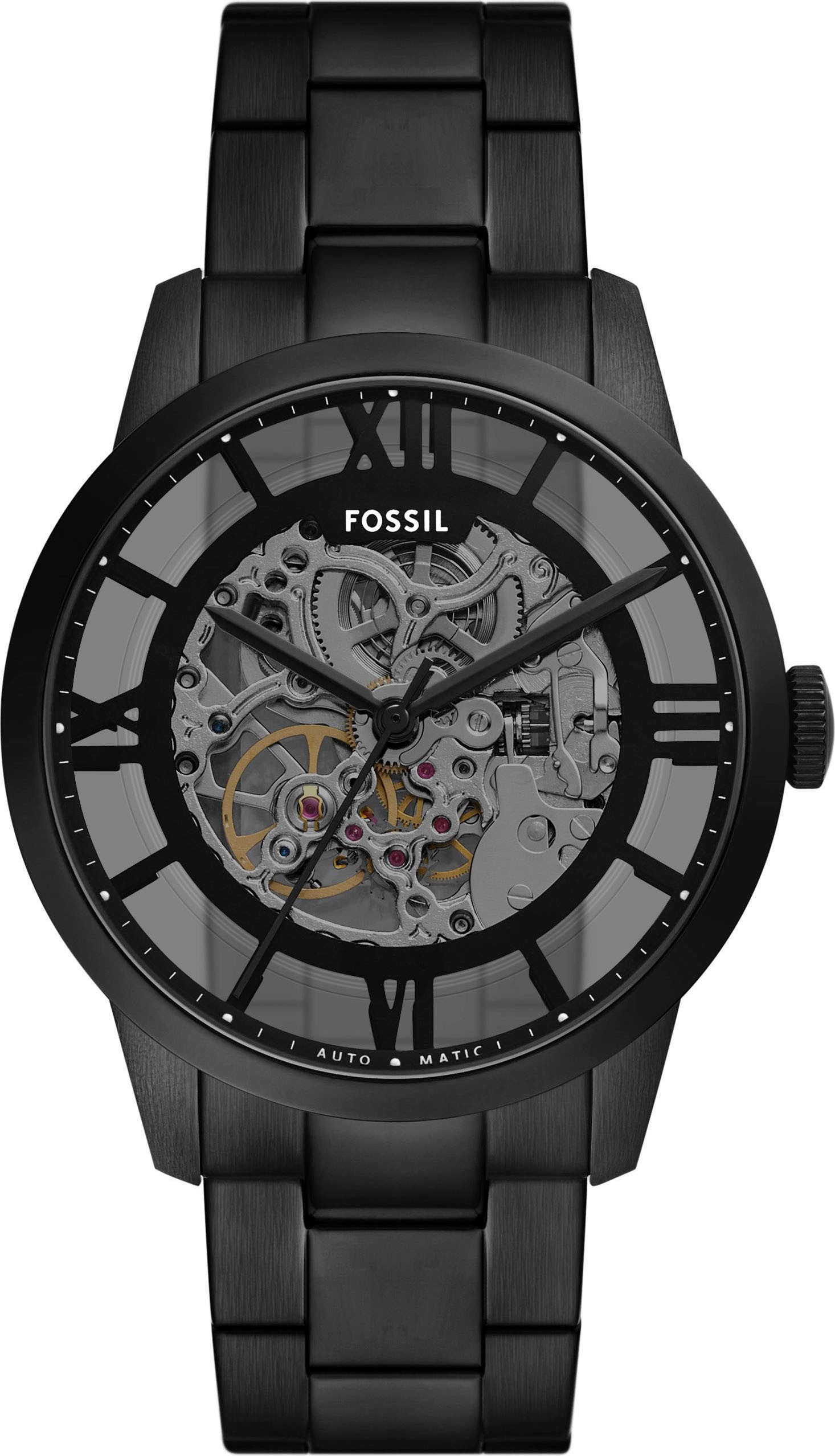 Automatikuhr FOSSIL "TOWNSMAN", transparent (schwarz, transparent), Armbanduhren, Damen, Automatikuhr, Armbanduhr, Herrenuhr, Mechanische Uhr, Edelstahlarmband, analog