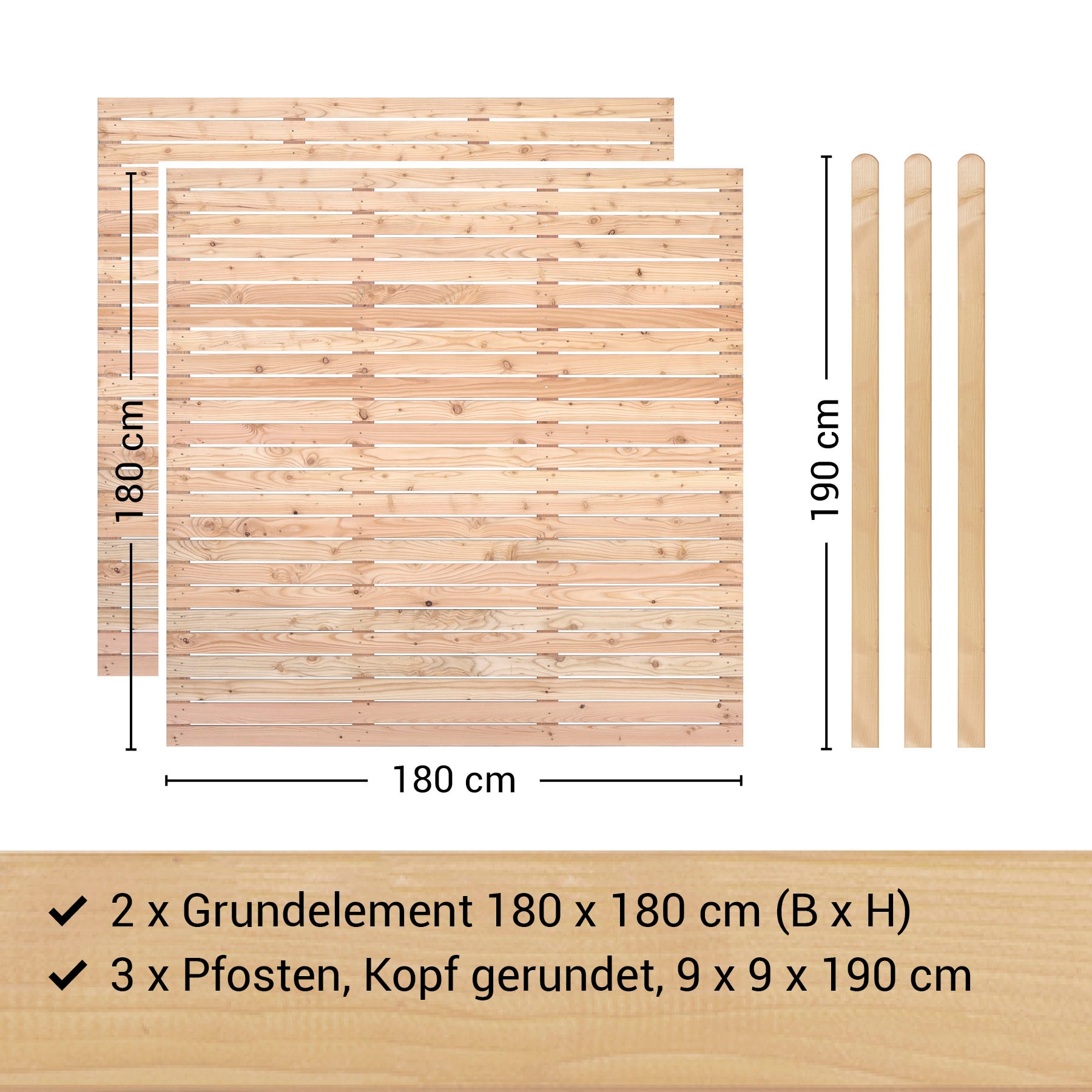 BM Massivholz Zaun »Kurt Set 2«, 2 Zaunelemente 180 x 180cm, 3 Pfosten, Kopf gerundet, Länge 190cm