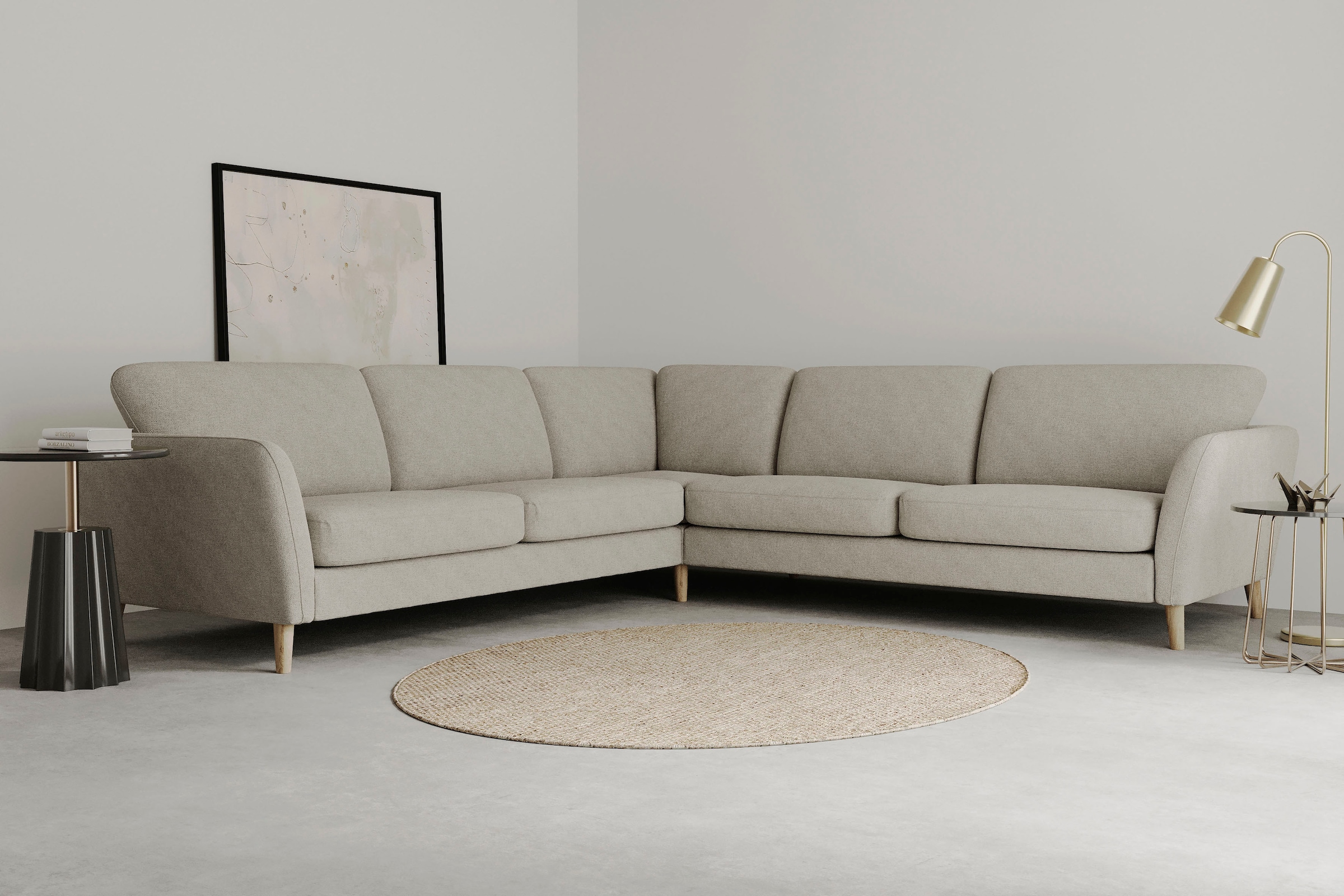 OTTO home Ecksofa "MARSEILLE 278/278 cm, L-Form, Webstoff, Flachgewebe, Filzoptik" gleichschenklig, Massivholzbeine, Landhausstil, Wellenunterfederung