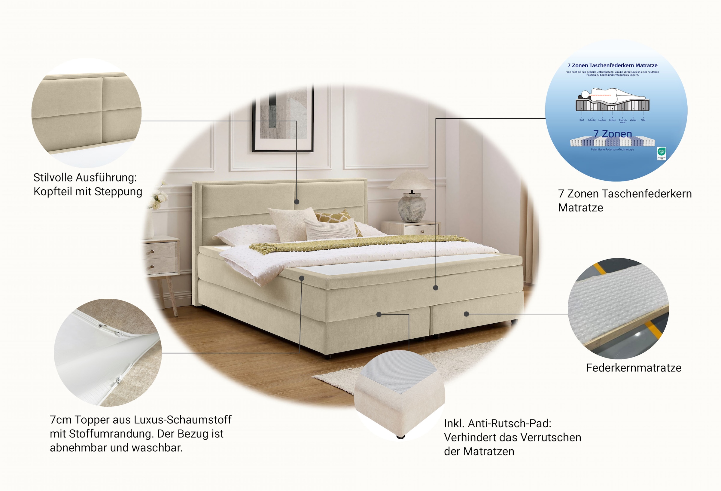 OTTO home Boxspringbett »VIVIANNE, Polsterbett mit 7-Zonen-Taschenfederkernmatratze H3« erhältlich in den Farben anthrazit und beige